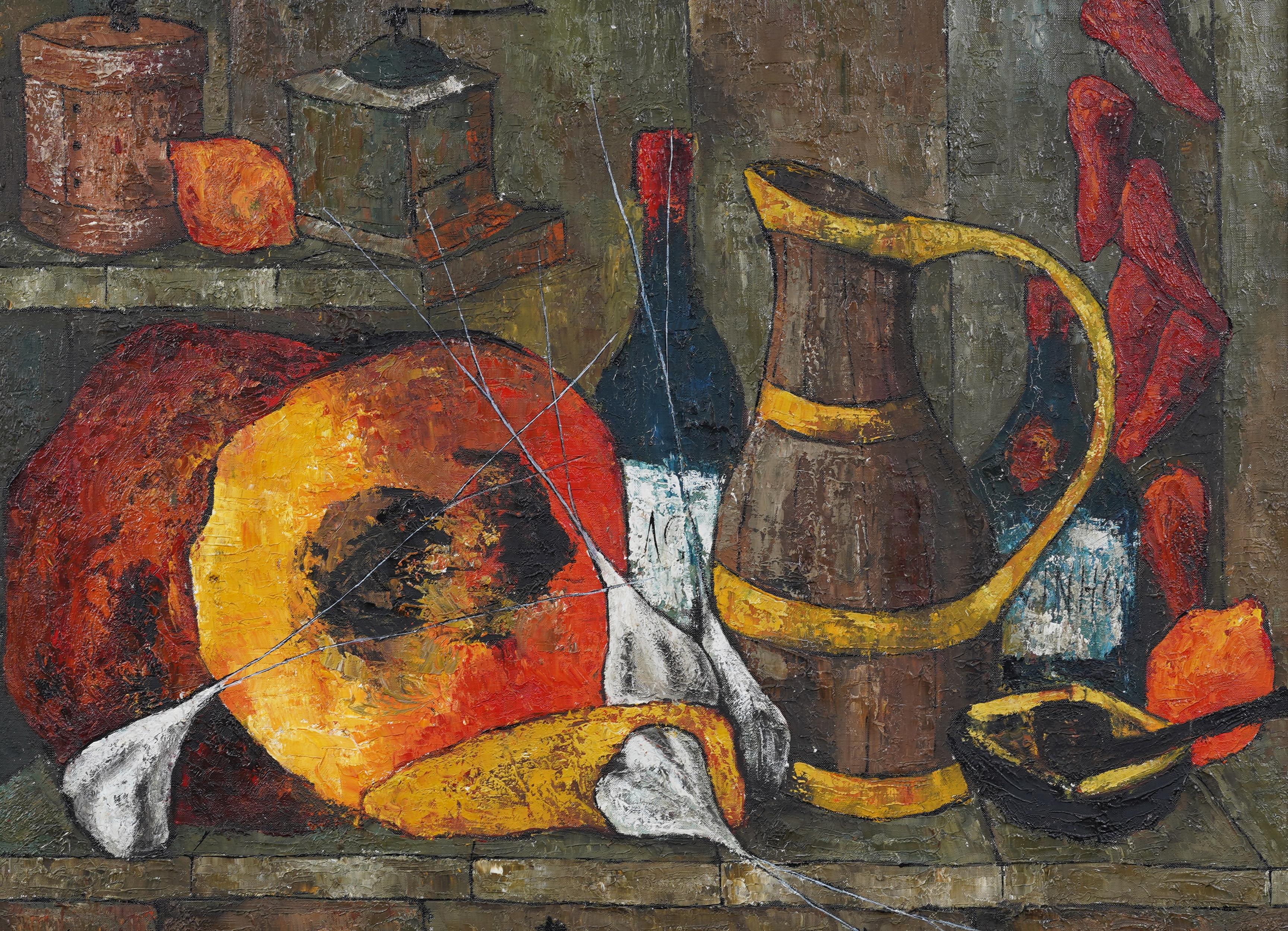 Pittura ad olio firmata Paris Modernist con cornice e firma Meloni e vino - Interior Painting Marrone di Unknown