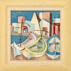 Signed Post-Cubist Harbor Scene Oil on Canvas