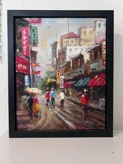 Signed Small European Street Scene Oil Painting Impasto City Artwork, Framed