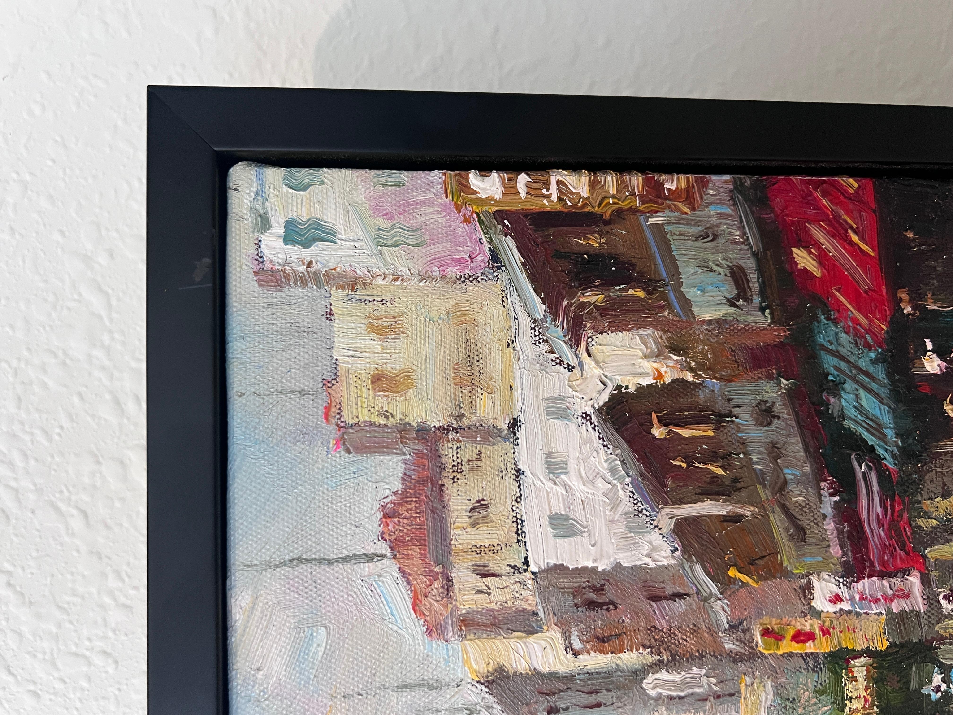 Signed Small European Street Scene Oil Painting Impasto City Artwork, Framed im Angebot 3