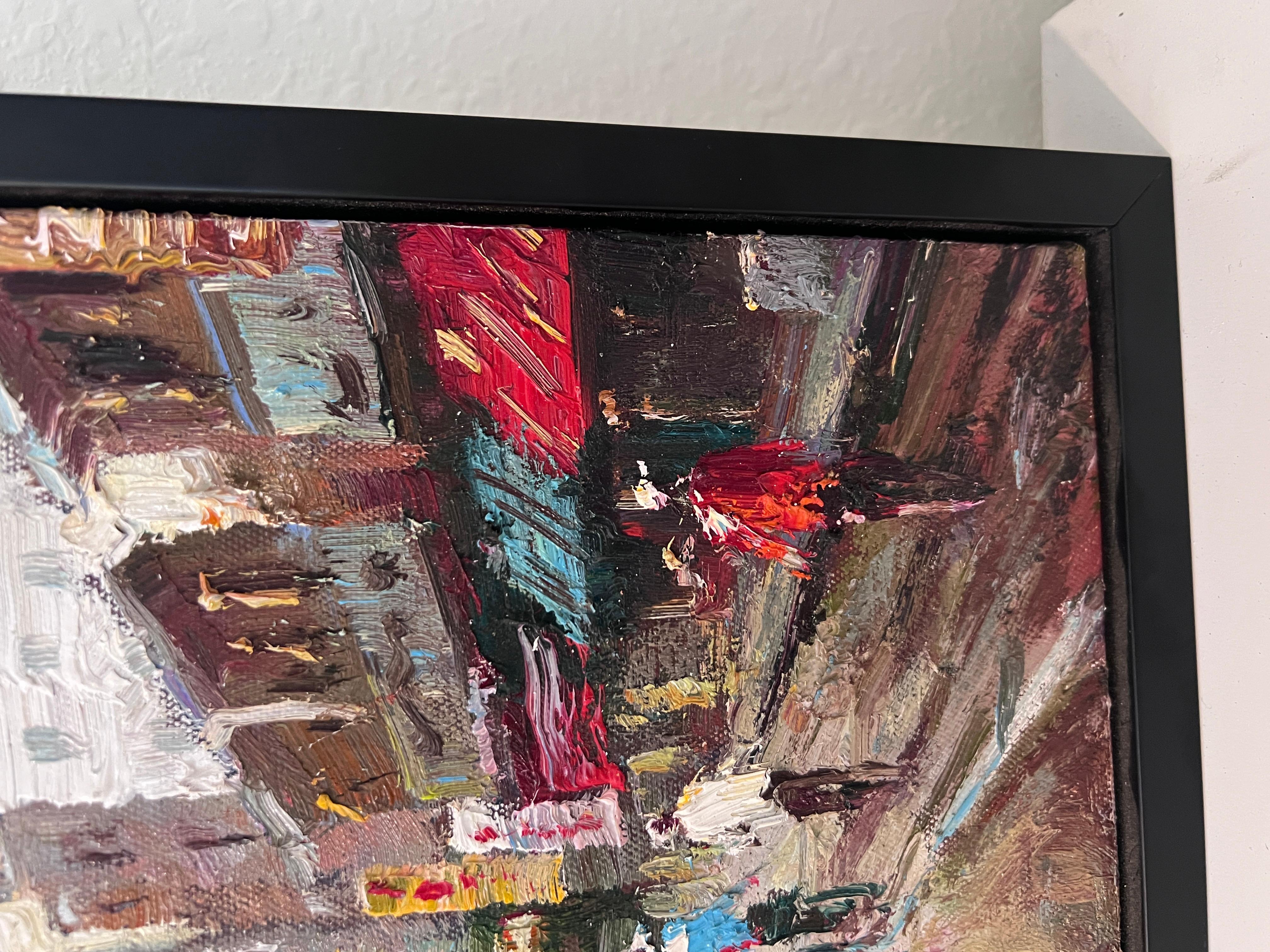 Signed Small European Street Scene Oil Painting Impasto City Artwork, Framed im Angebot 4