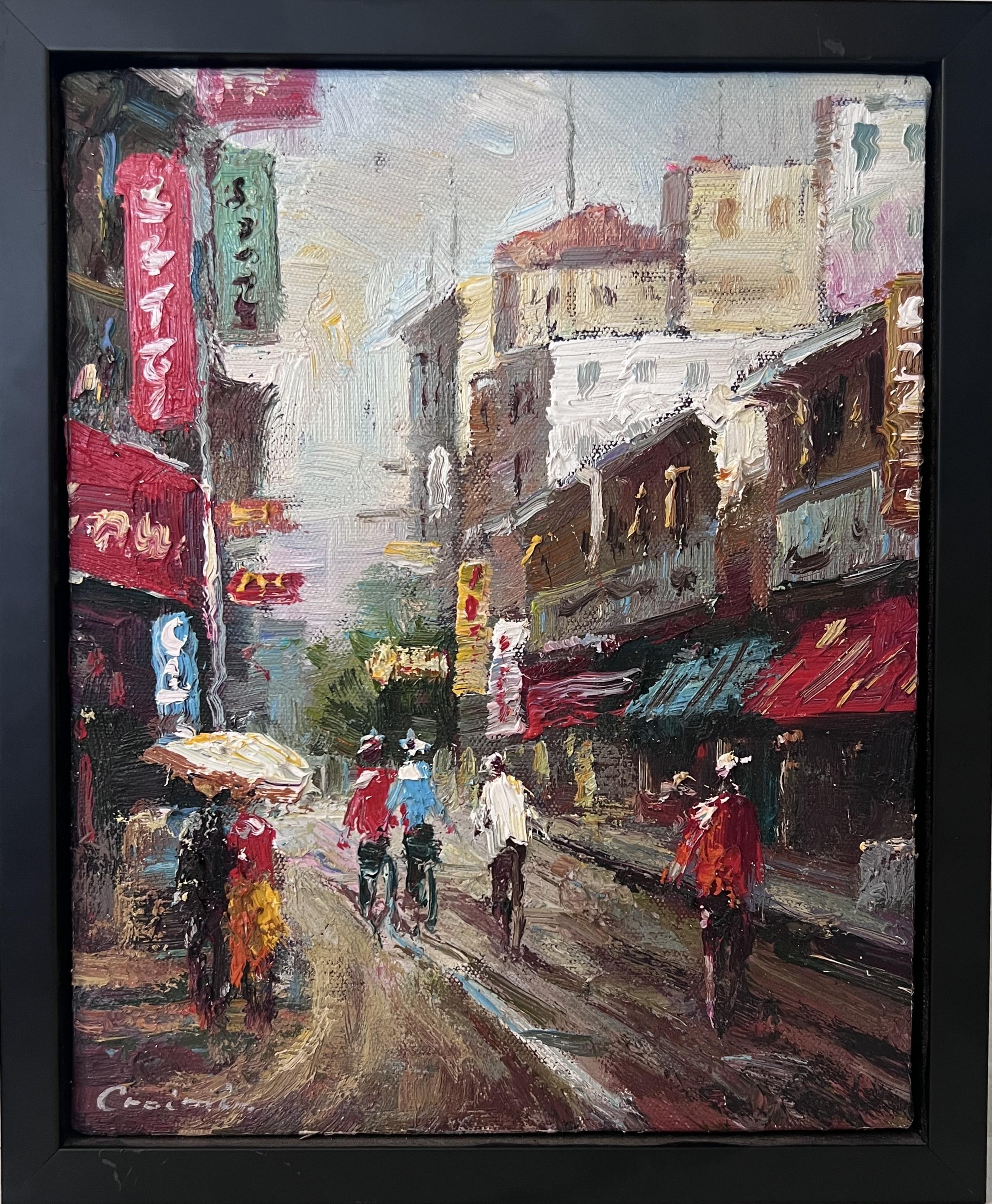 Unknown Landscape Painting – Signed Small European Street Scene Oil Painting Impasto City Artwork, Framed