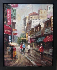 Signed Small European Street Scene Oil Painting Impasto City Artwork, Framed