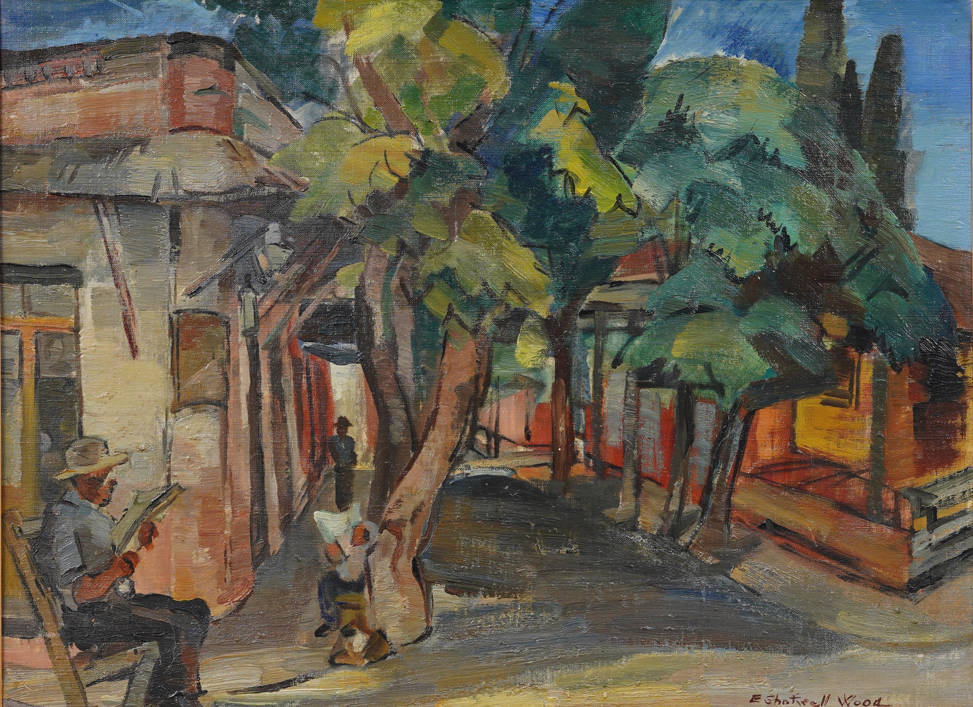 Signierter Sonnenuntergang in Columbia Modernistischer Straßenszene gerahmt WPA Seltenes Ölgemälde – Painting von Unknown