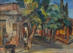 Firmato Tramonto a Columbia Scena di strada modernista incorniciata WPA Raro dipinto a olio