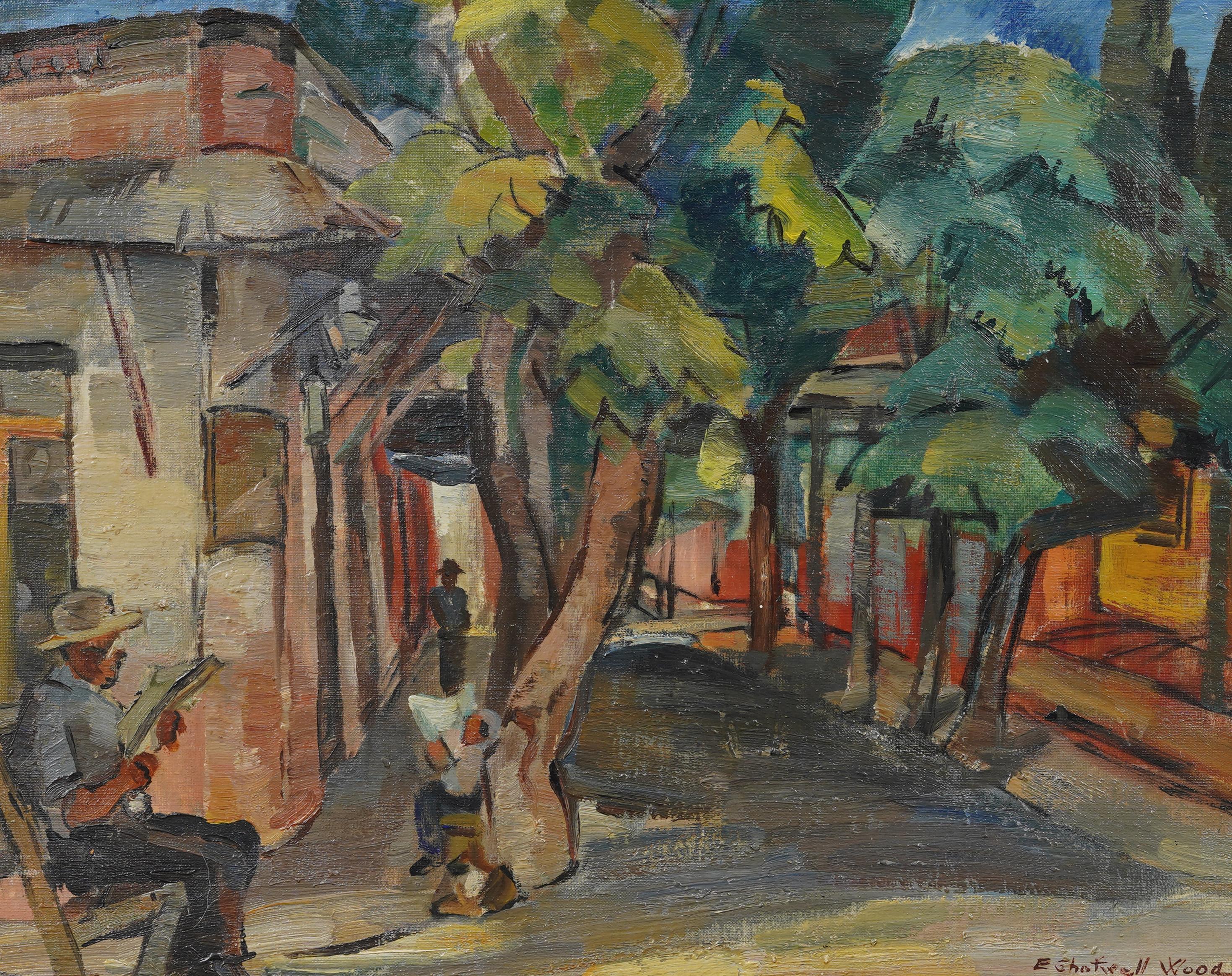 Signierter Sonnenuntergang in Columbia Modernistischer Straßenszene gerahmt WPA Seltenes Ölgemälde (Moderne), Painting, von Unknown
