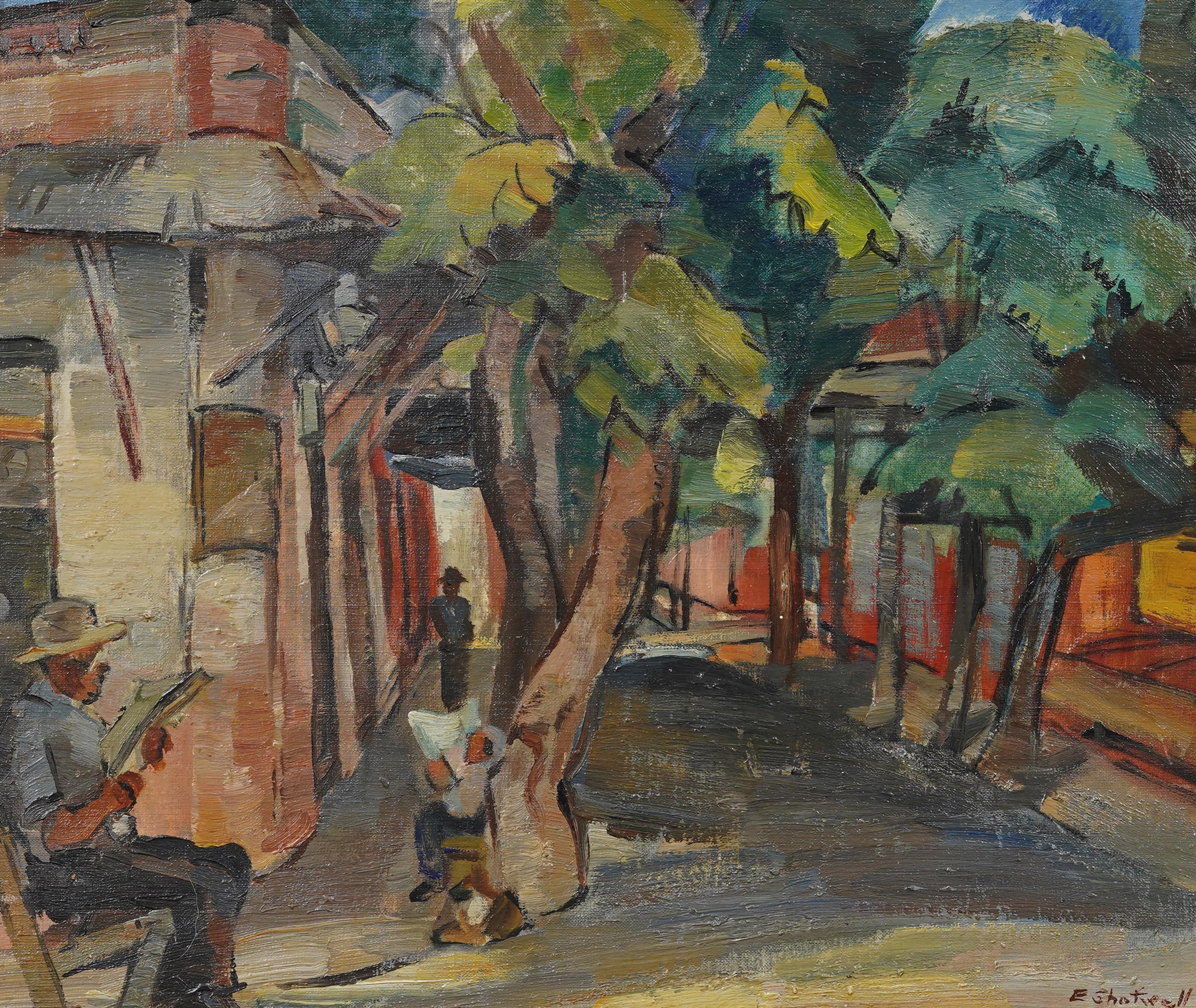 Signierter Sonnenuntergang in Columbia Modernistischer Straßenszene gerahmt WPA Seltenes Ölgemälde (Braun), Landscape Painting, von Unknown