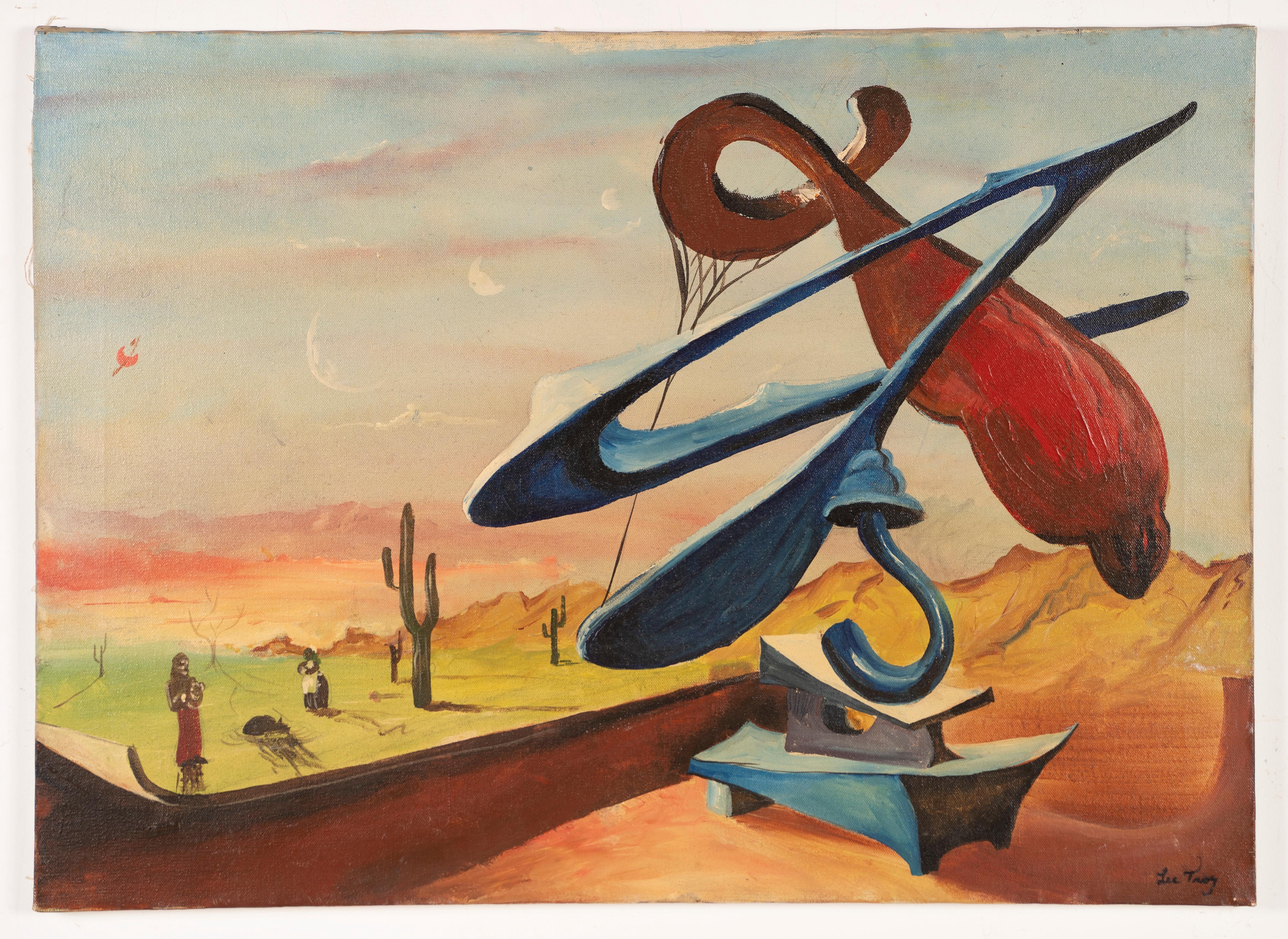 Surréaliste moderniste du Sud-Ouest Cactus originale peinture à l'huile vintage signée - Surréalisme Painting par Unknown