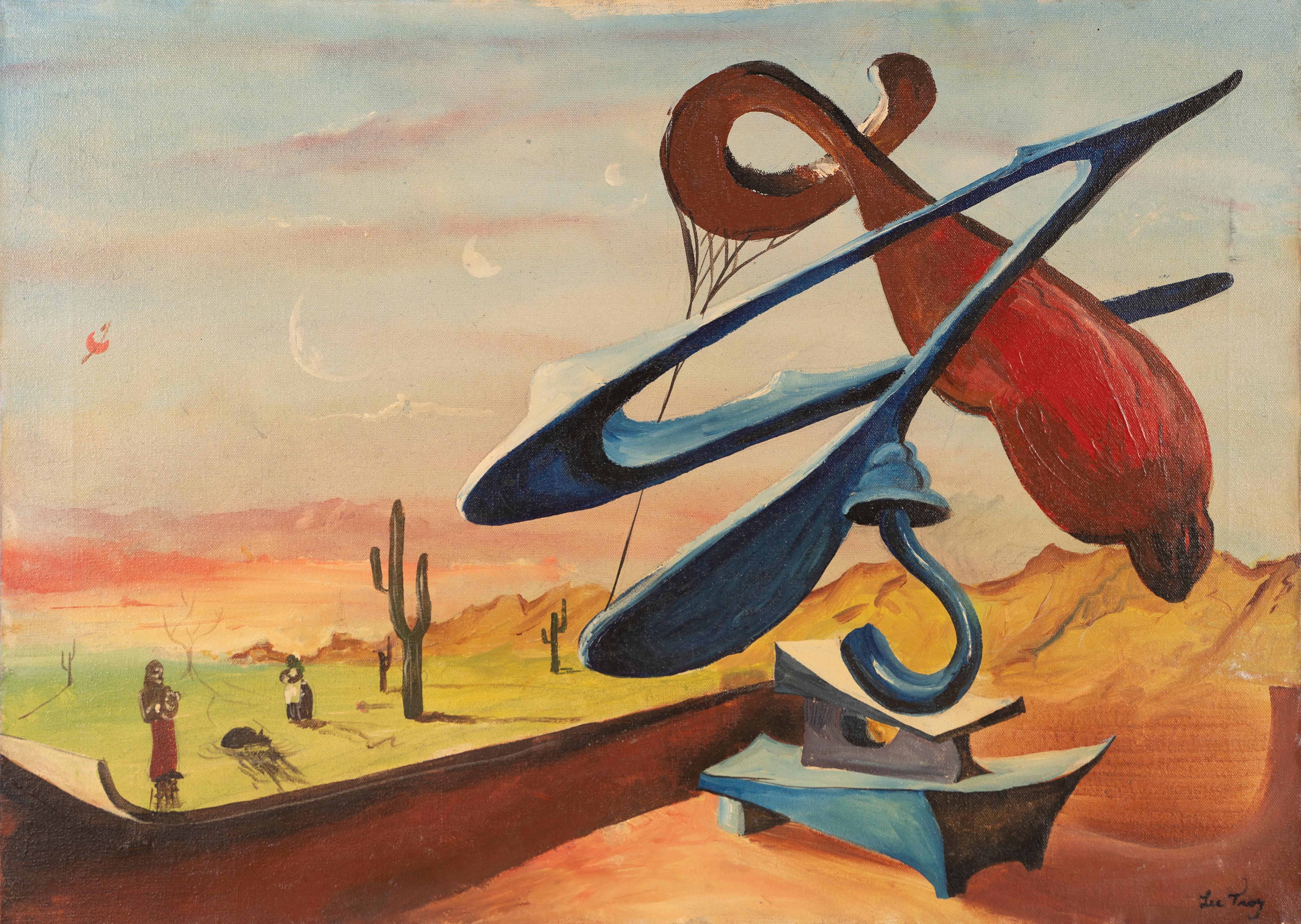 Signed Surreal Southwest Modernist Desert Cactus Original Vintage Oil Painting