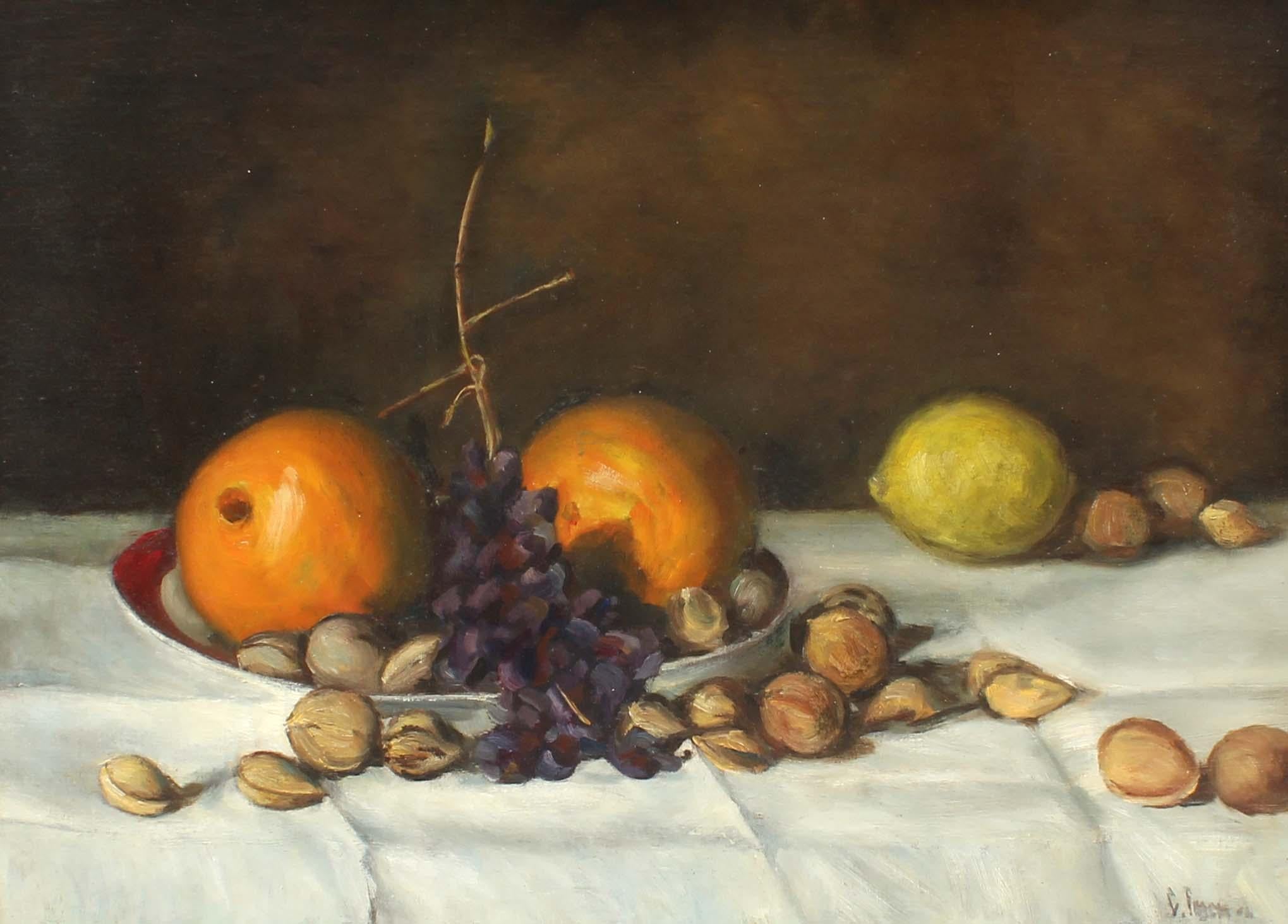 Bodegón de Naranjas, Limón y Frutos Secos Vintage Firmado Desconocido - Painting Realista de Unknown