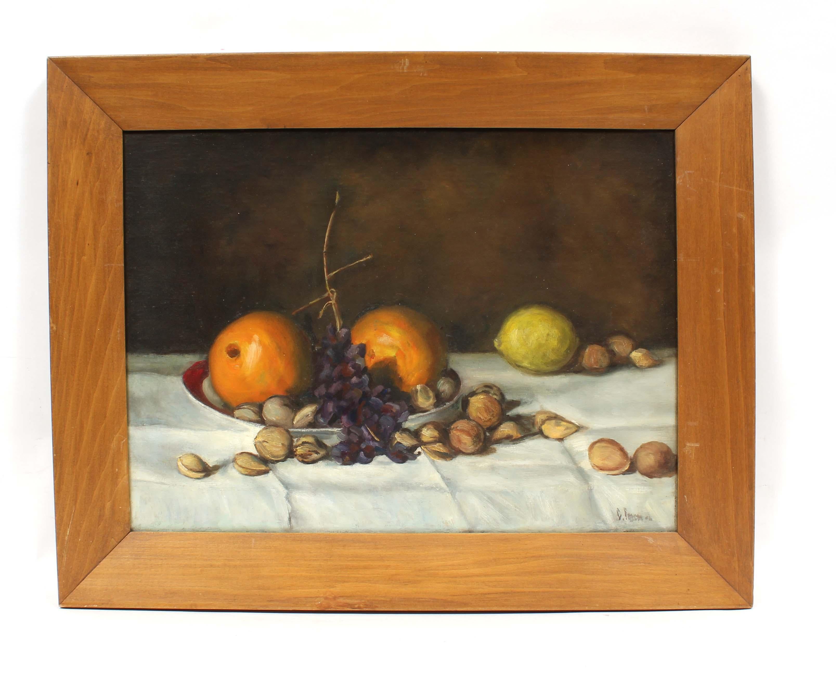 Signed Unknown Vintage Fruit Still Life of Oranges, Lemon, and Nuts For Sale 2
