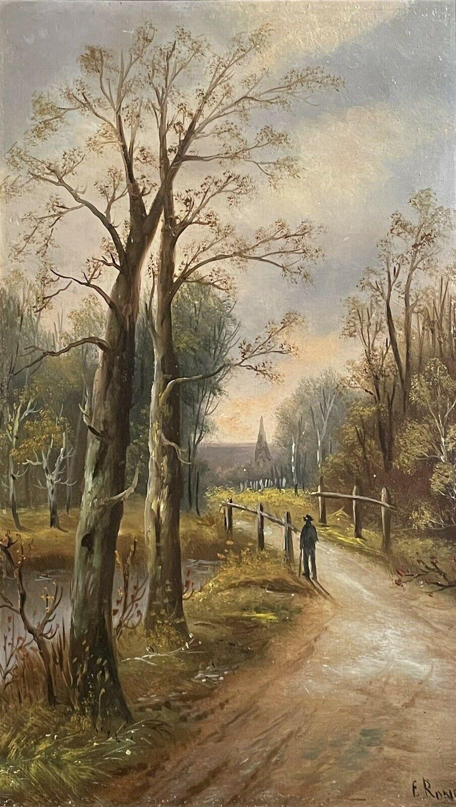 SIGNED VICTORIAN OIL PAINTING - FIGURE WALKING ALONG COUNTRY RURAL LANE - FRAMED - Brown Landscape Painting by Unknown