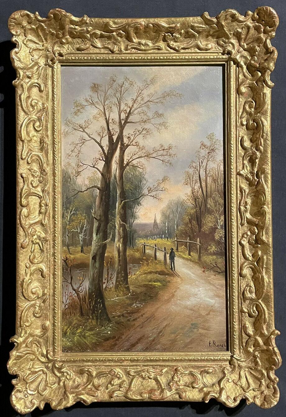 Unknown Landscape Painting - SIGNED VICTORIAN OIL PAINTING - FIGURE WALKING ALONG COUNTRY RURAL LANE - FRAMED