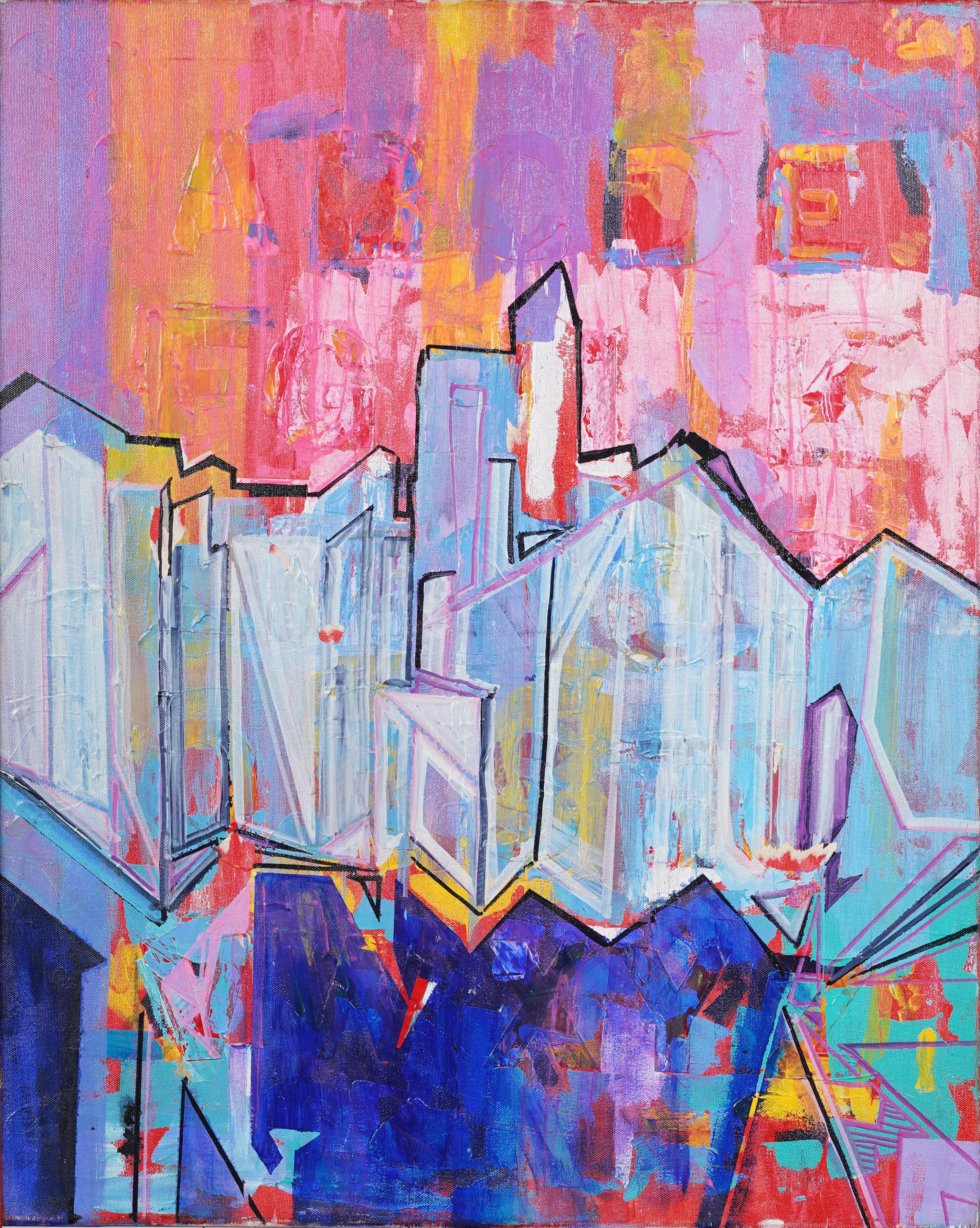 Pintura al óleo con paleta fauvista firmada Vintage American Modernist Cityscape Framed - Painting Moderno de Unknown