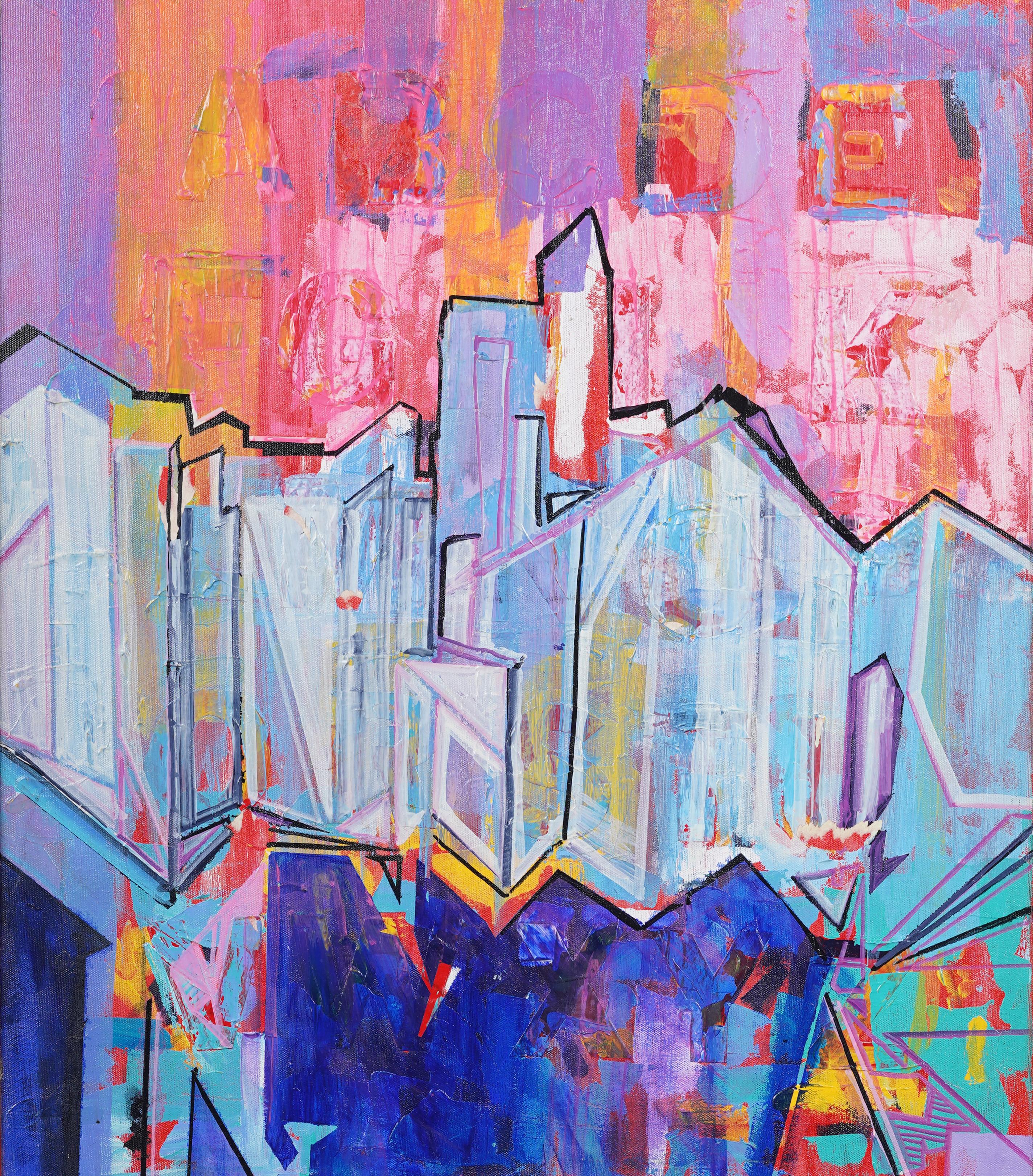 Pintura al óleo con paleta fauvista firmada Vintage American Modernist Cityscape Framed - Landscape Painting Gris de Unknown