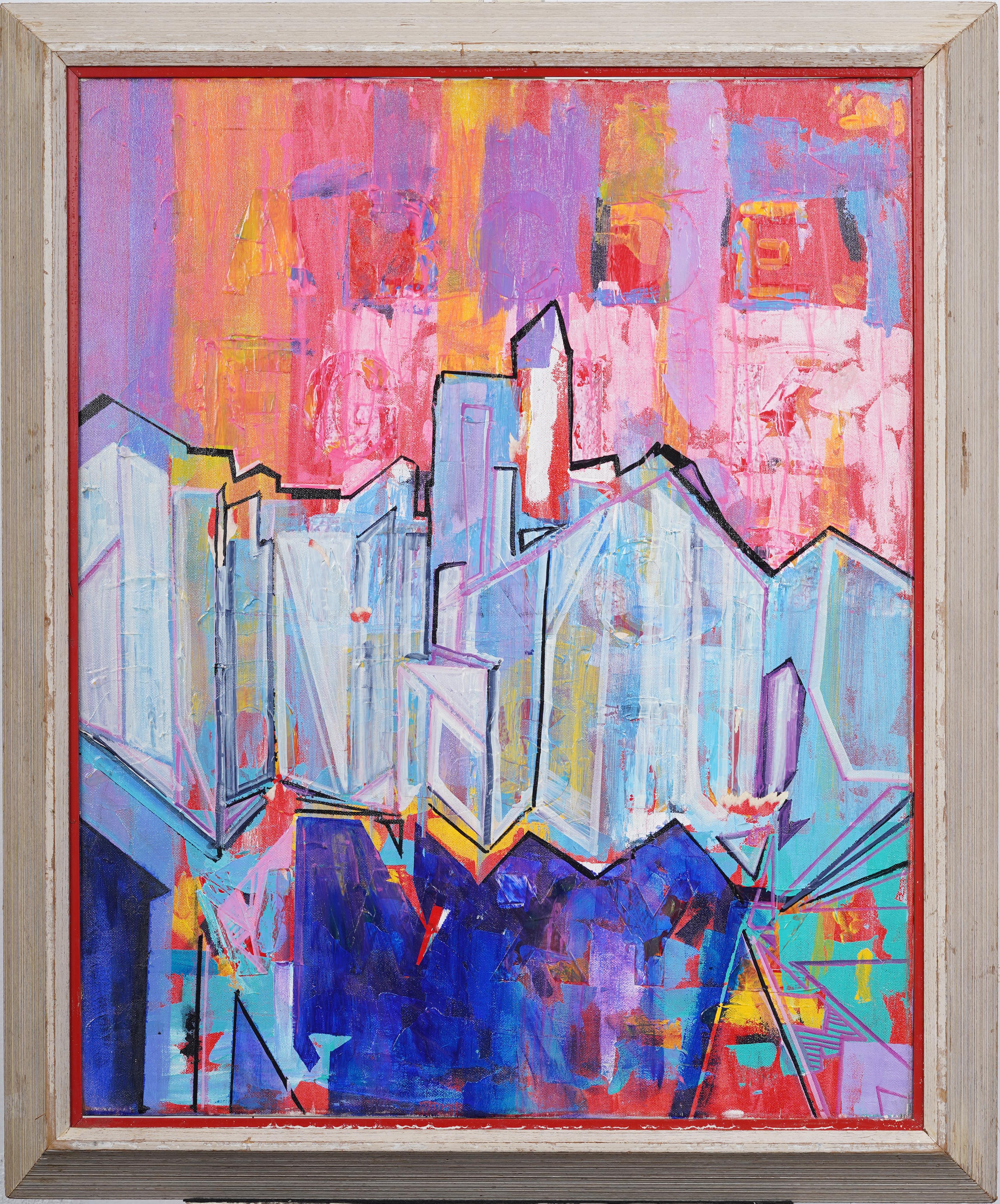 Peinture à l'huile fauviste américaine moderniste d'un paysage urbain encadrée, signée
