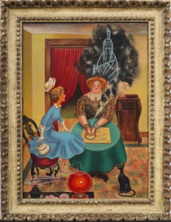 Signed Vintage American Modernist Fortune Teller Interior Portrait Oil Painting