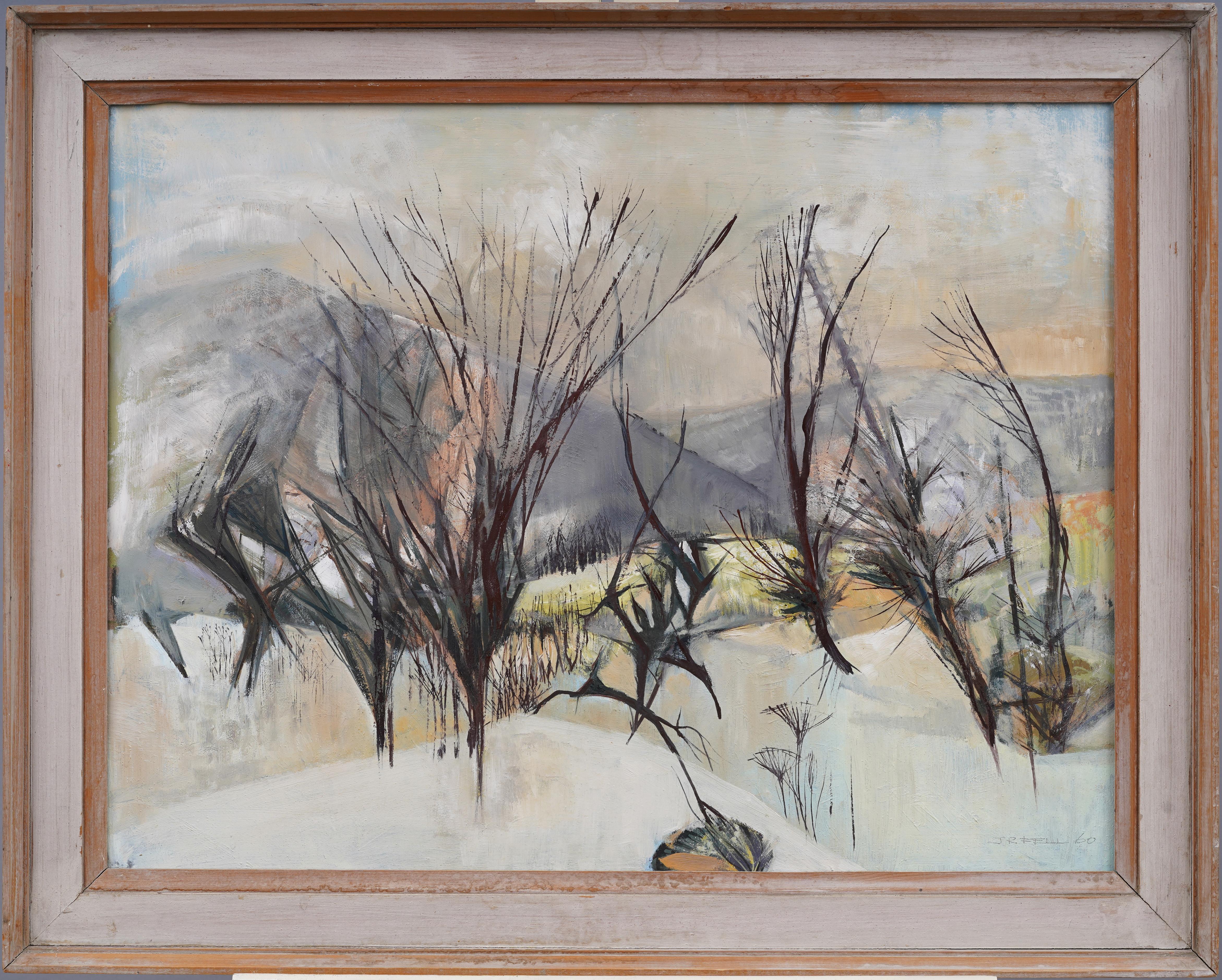 Finely painted bright and brilliant cubist winter landscape.  Framed nicely and signed lower right.  Excellent mid century example. 