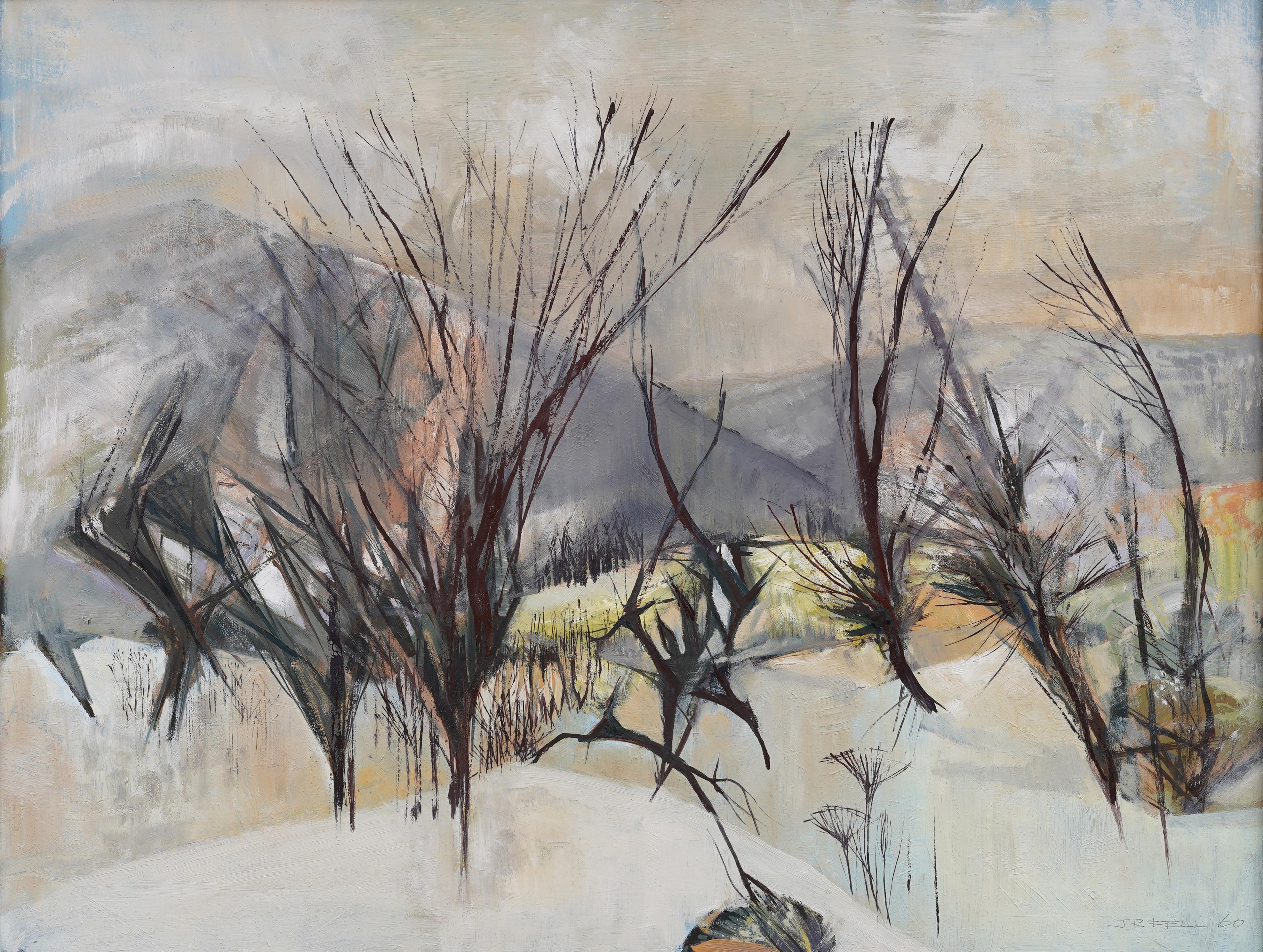 Peinture de paysage moderniste d'hiver encadrée signée d'une école américaine - Cubisme Painting par Unknown