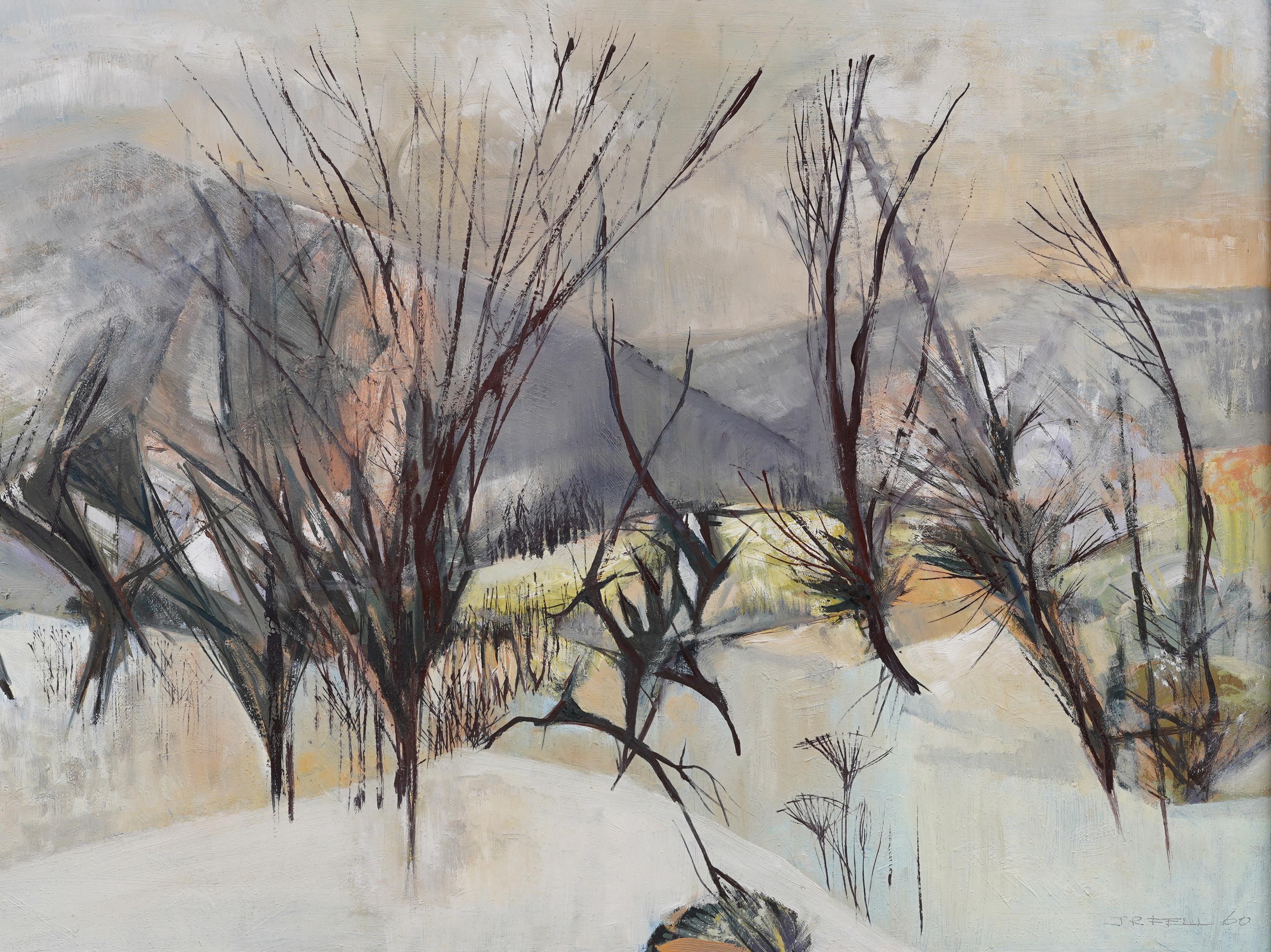 Signed Vintage American School Modernist Winter Cubist Framed Landscape Painting For Sale 2