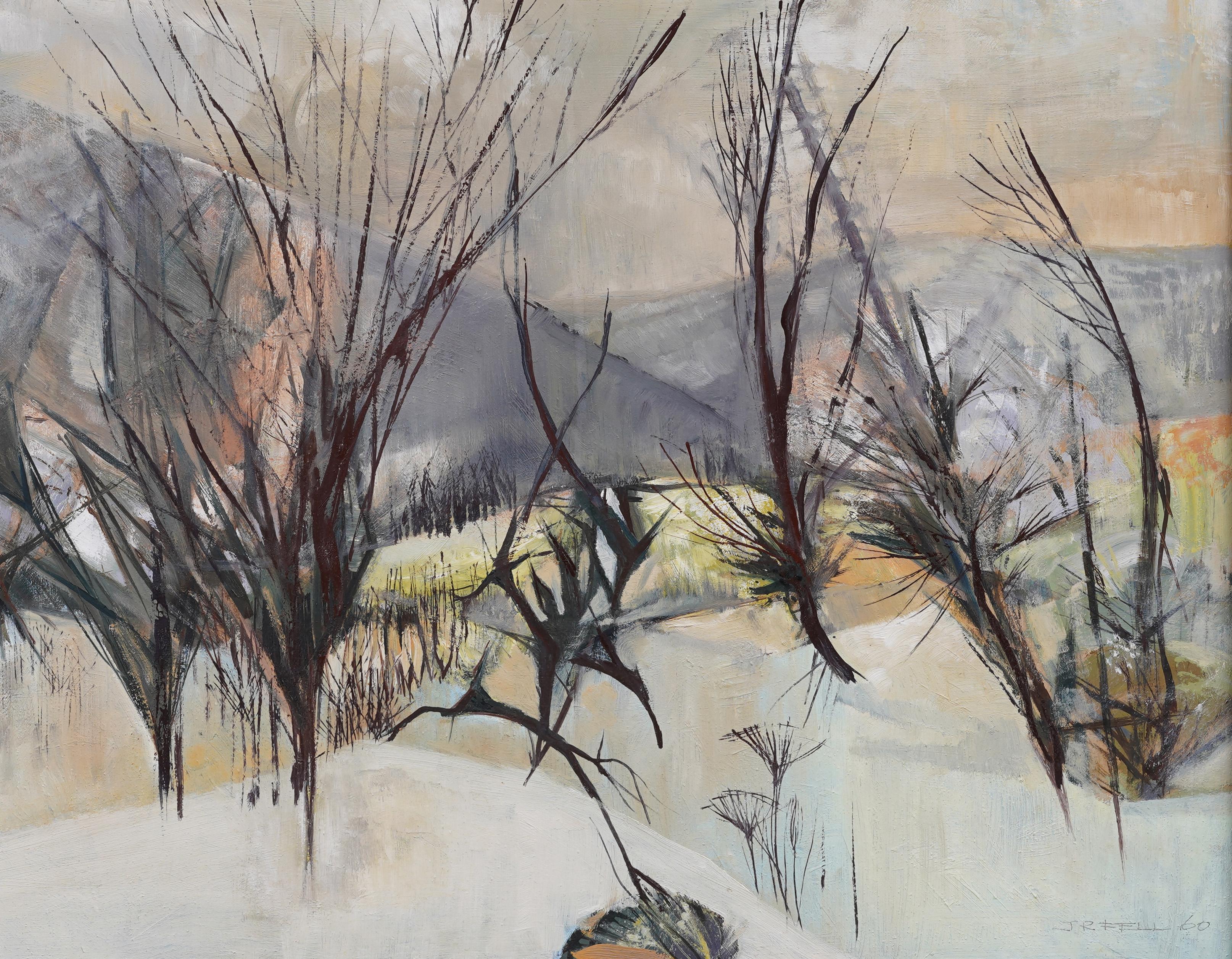 Peinture de paysage moderniste d'hiver encadrée signée d'une école américaine en vente 1