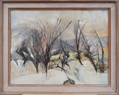Peinture de paysage moderniste d'hiver encadrée signée d'une école américaine