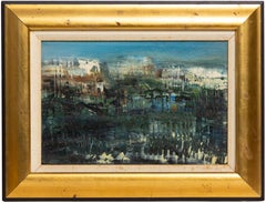 Signed Vintage European Modernist Abstract Landscape GiltFramed Oil Painting