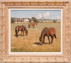Signed Vintage Horses Grazing Large Framed Equestrian Landscape Oil Painting