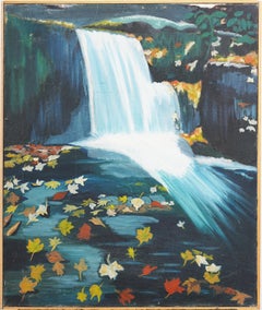 Signed Woman Artist Modernist Fall Waterfall Landscape American Oil Painting
