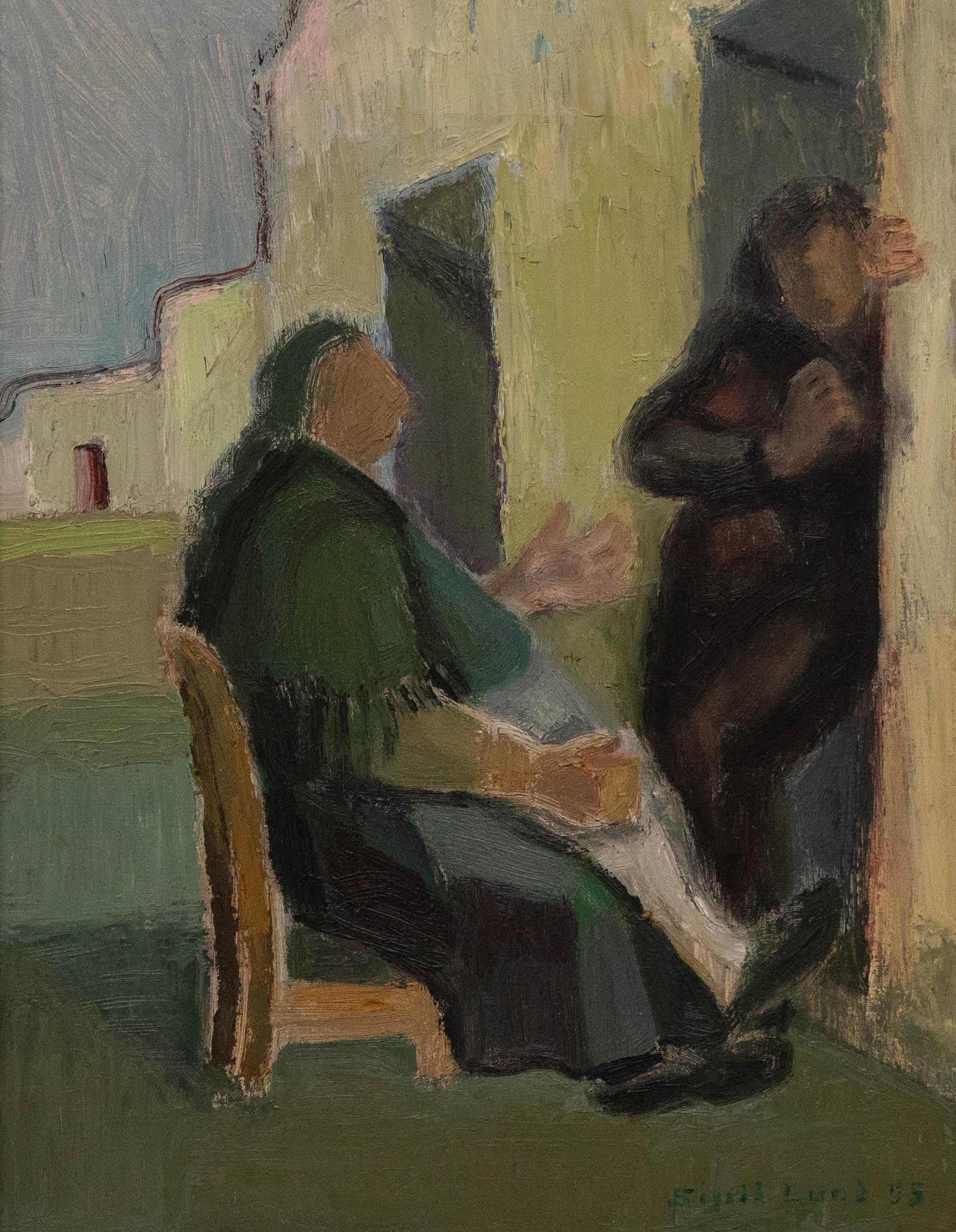 Sigrid Lund (1907-1970) - 1955 Oil, Conversation in the Doorway - Painting by Unknown