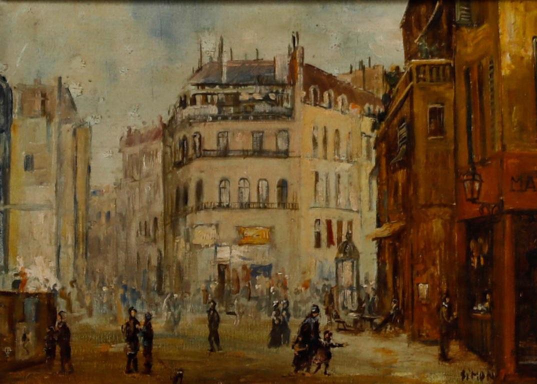 A.Simon - c.1900 Olio, Strada parigina - Painting di Unknown