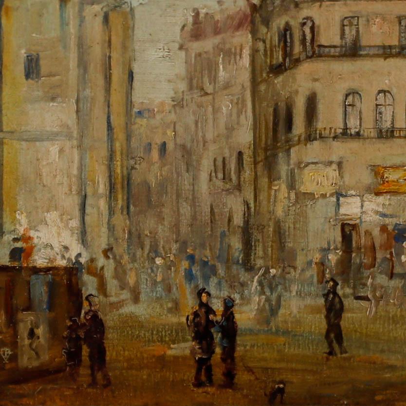 Un'affascinante scena di strada che ritrae un vivace quartiere parigino pieno di gente e negozi. Firmato in basso a destra. Splendidamente presentato in una cornice di composizione dorata. Sul pannello.