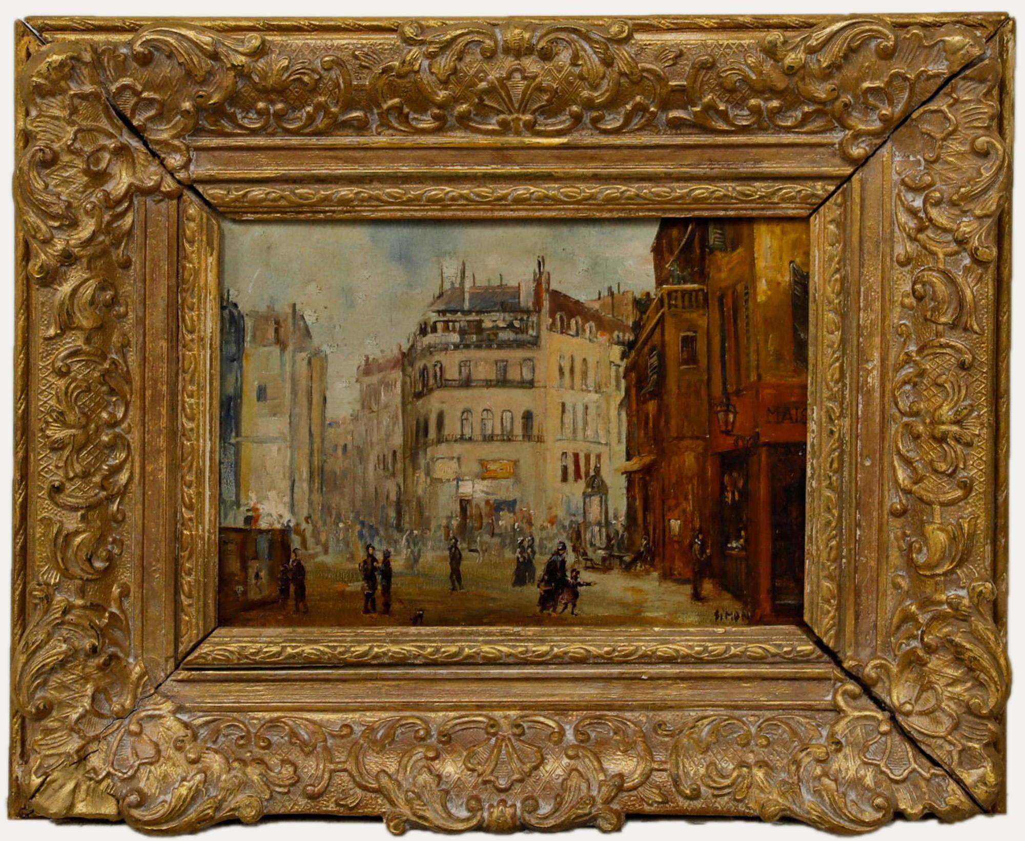 Landscape Painting di Unknown - A.Simon - c.1900 Olio, Strada parigina