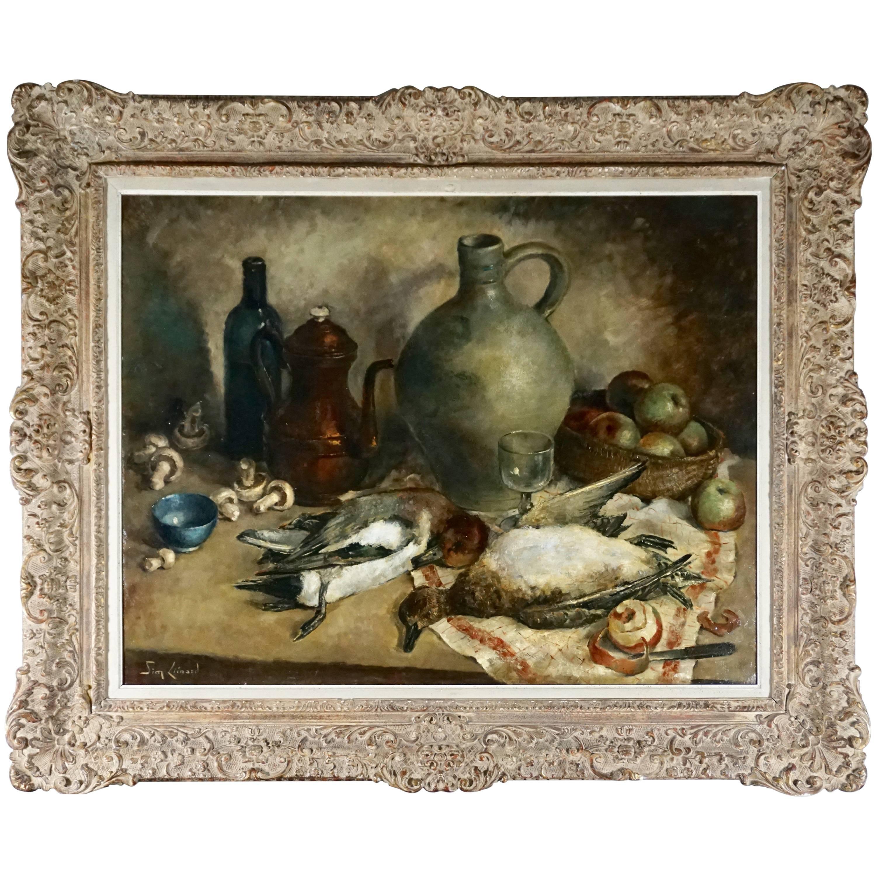 A Spectacular and Striking Simone Lienard (Belgium, 1912-1988), circa 1950 oil on canvas painting of ducks on the kitchen table with wine, mushrooms, apples, pottery jugs and a wine glass with knife. Amazing style and presentation with impressionist