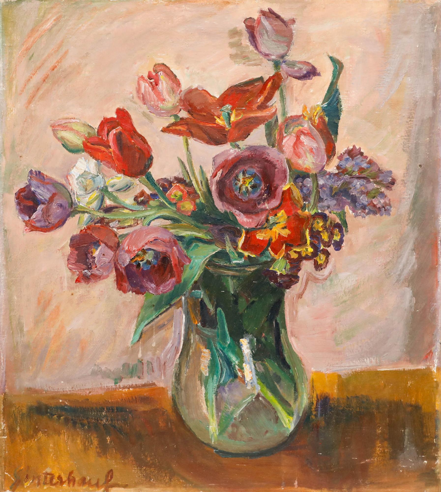 Sinterhauf - Mid 20th Century Oil, Still Life of Tulips - Painting by Unknown