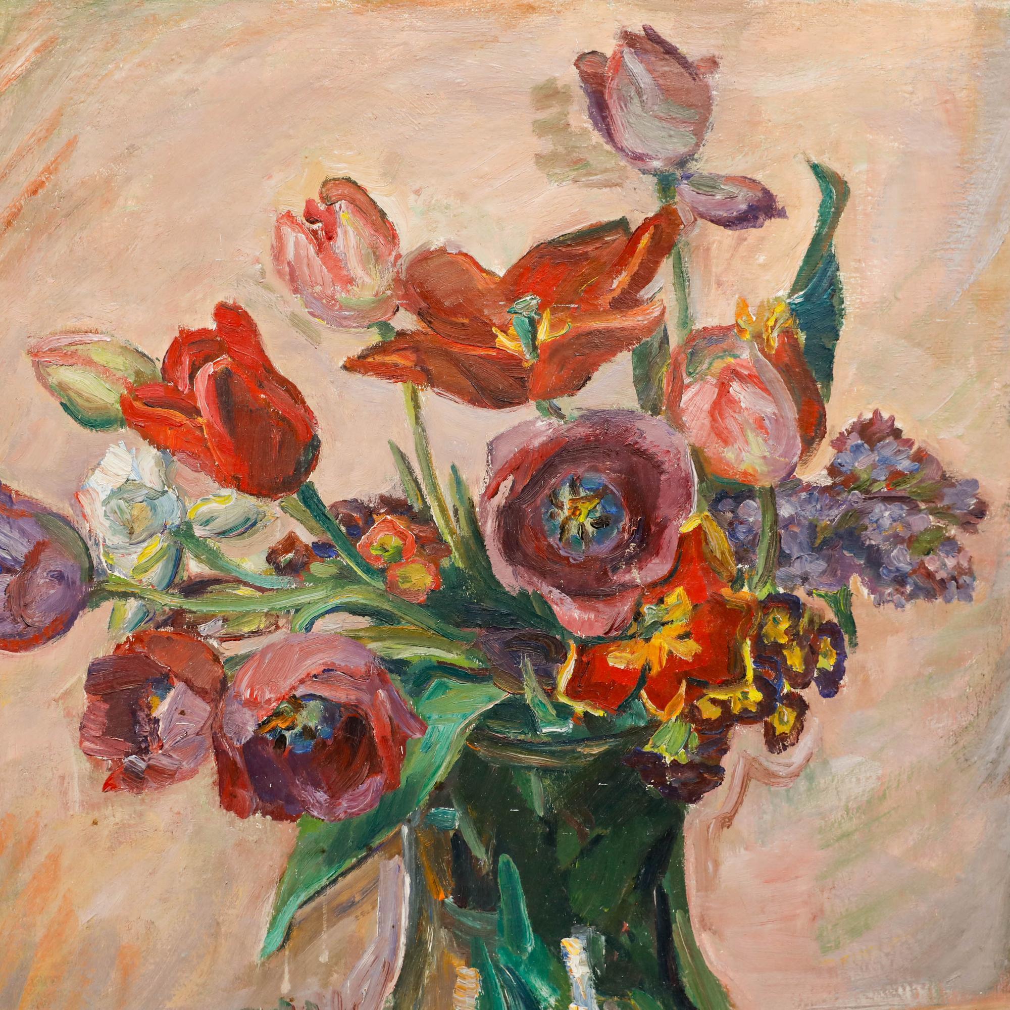 This vibrant still life painting depicts an abundant bouquet of deep purple and bright red tulips in a glass vase. The artist employs loose, expressive brushwork, capturing the organic blooms at different stages of opening. Signed 'Sinterhauf' to