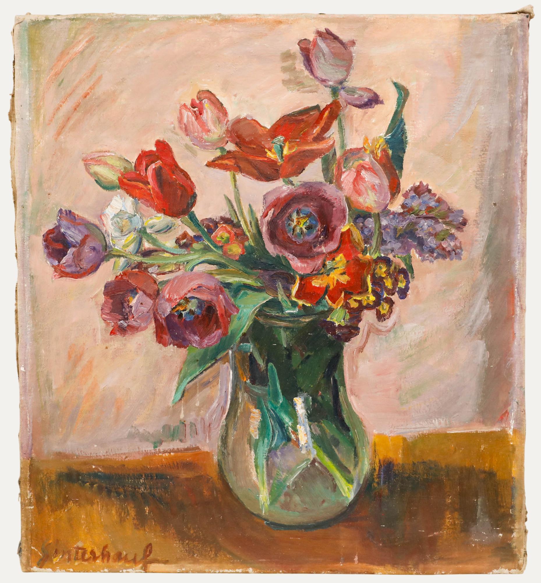 Unknown Still-Life Painting - Sinterhauf - Mid 20th Century Oil, Still Life of Tulips