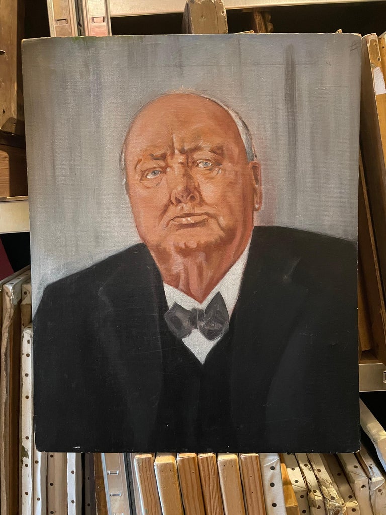Sir Winston Churchill Large Portrait Oil Painting  - Brown Figurative Painting by Unknown