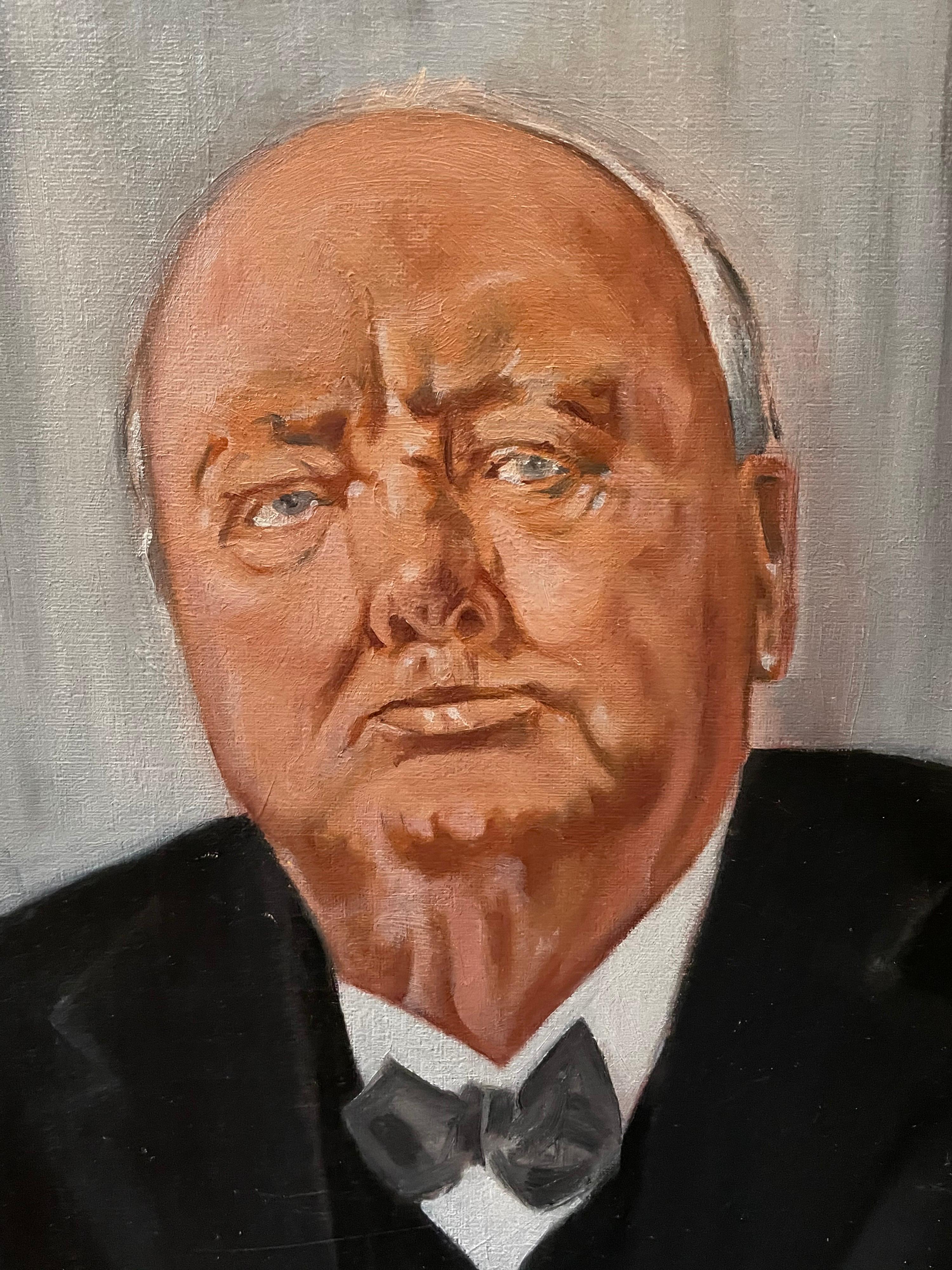 Sir Winston Churchill Large Portrait Oil Painting  - Brown Portrait Painting by Unknown