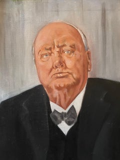 Retro Sir Winston Churchill Large Portrait Oil Painting 