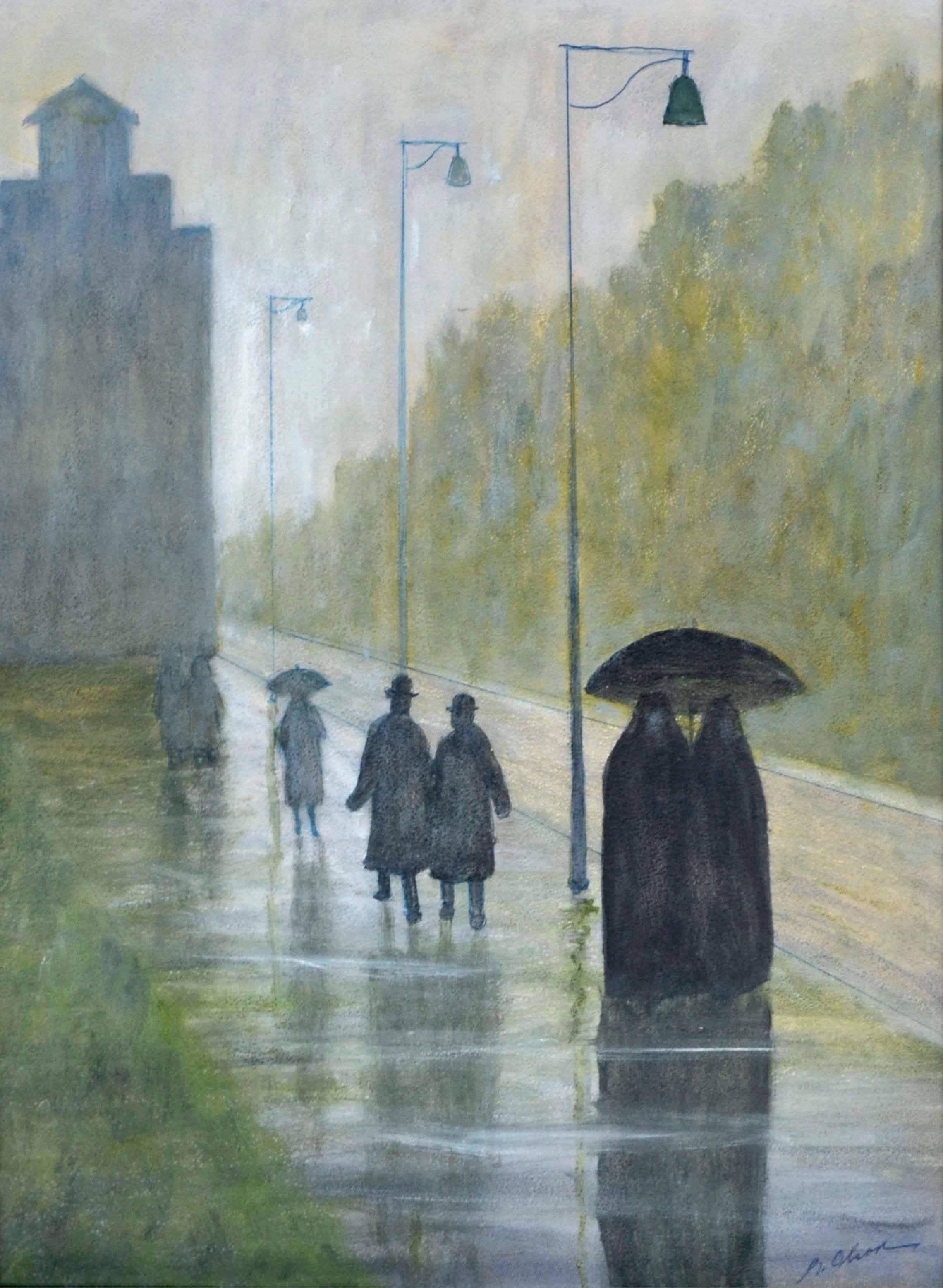 Sisters in the Rain Paris - Painting by Unknown