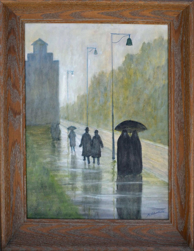 Impressionist street scene of two sisters in Paris by G. Olson (American, 20th Century). Presented in a wooden frame. Signed "G. Olson" lower right. Image: 20"H x 16"W. 