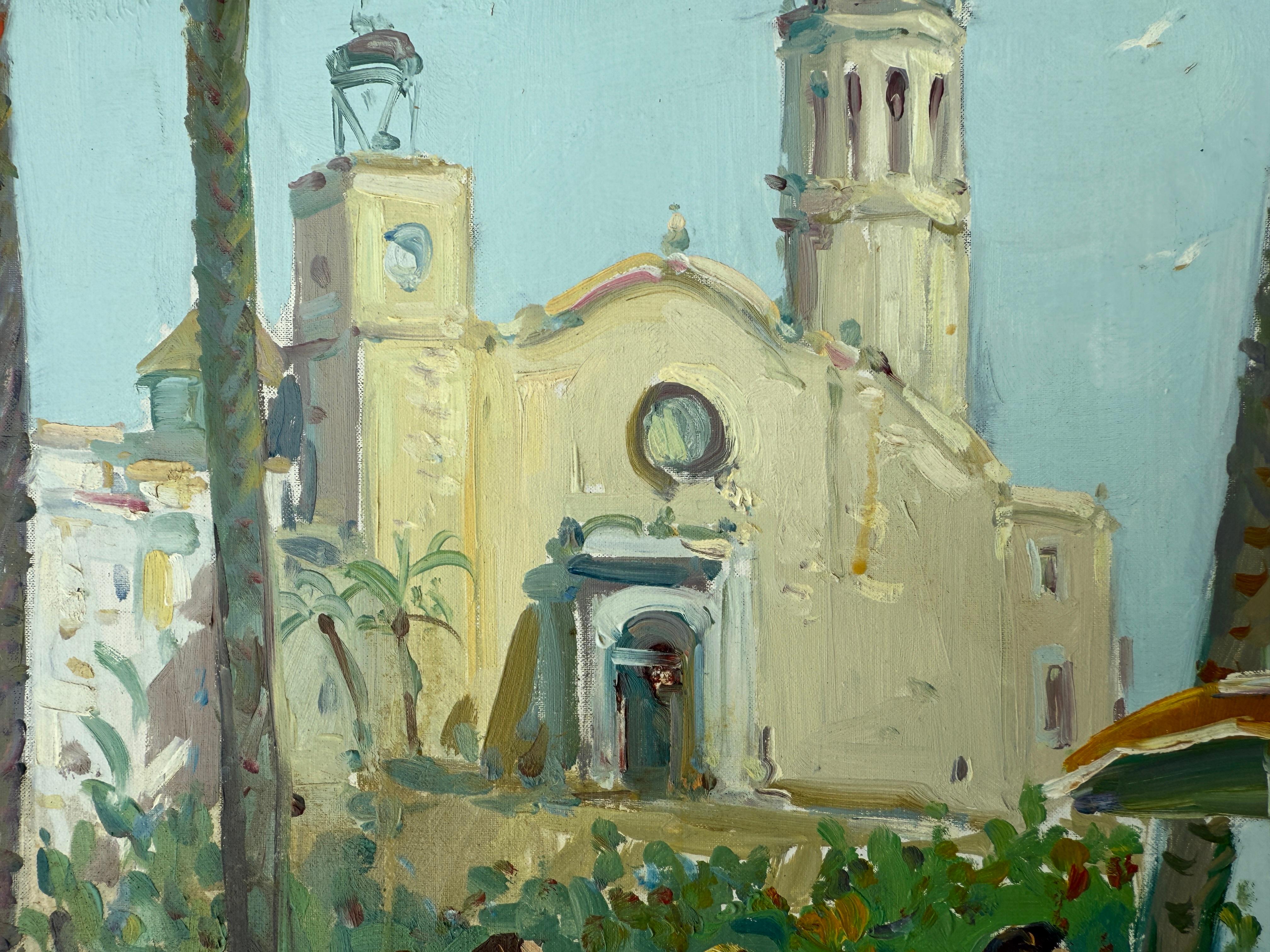Sitges Spanien Öl auf Leinwand Gemälde mediterrane Stadtlandschaft im Angebot 1
