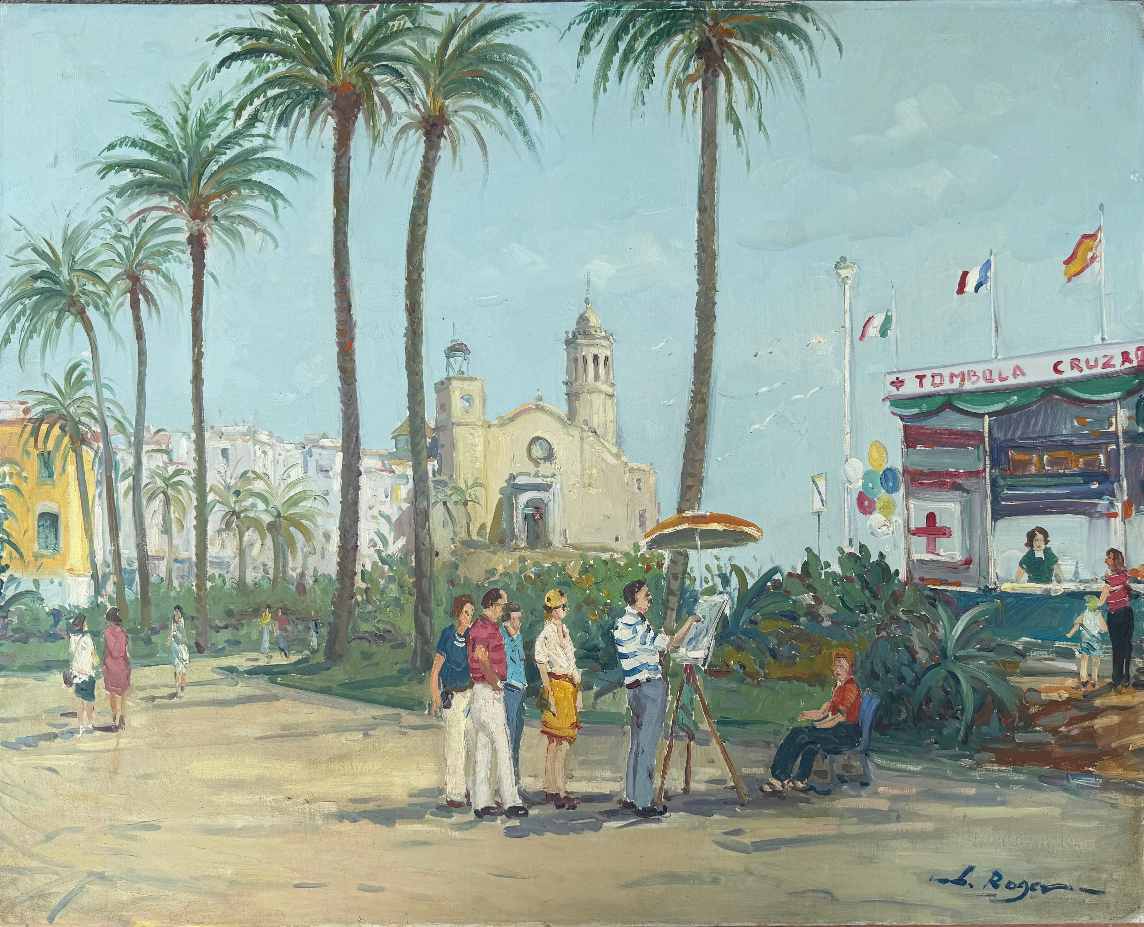 Unknown Landscape Painting – Sitges Spanien Öl auf Leinwand Gemälde mediterrane Stadtlandschaft