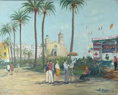 Sitges Spagna olio su tela pittura paesaggio urbano mediterraneo