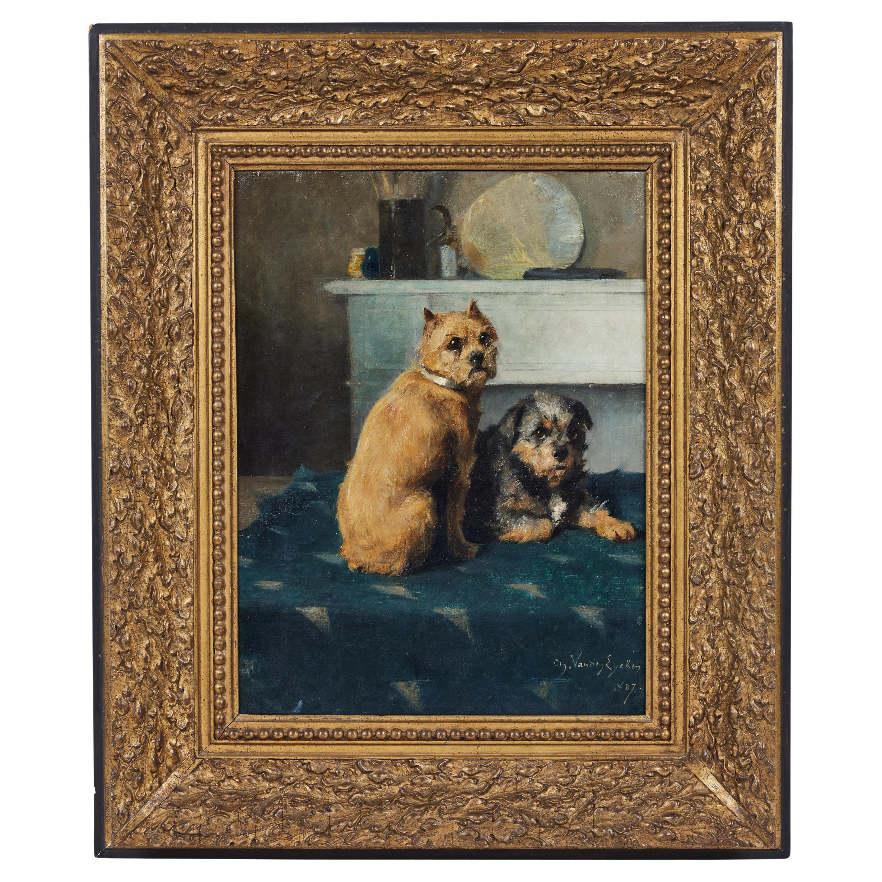 Sitzen, Attentive Hunde, Öl auf Leinwand – Painting von Unknown