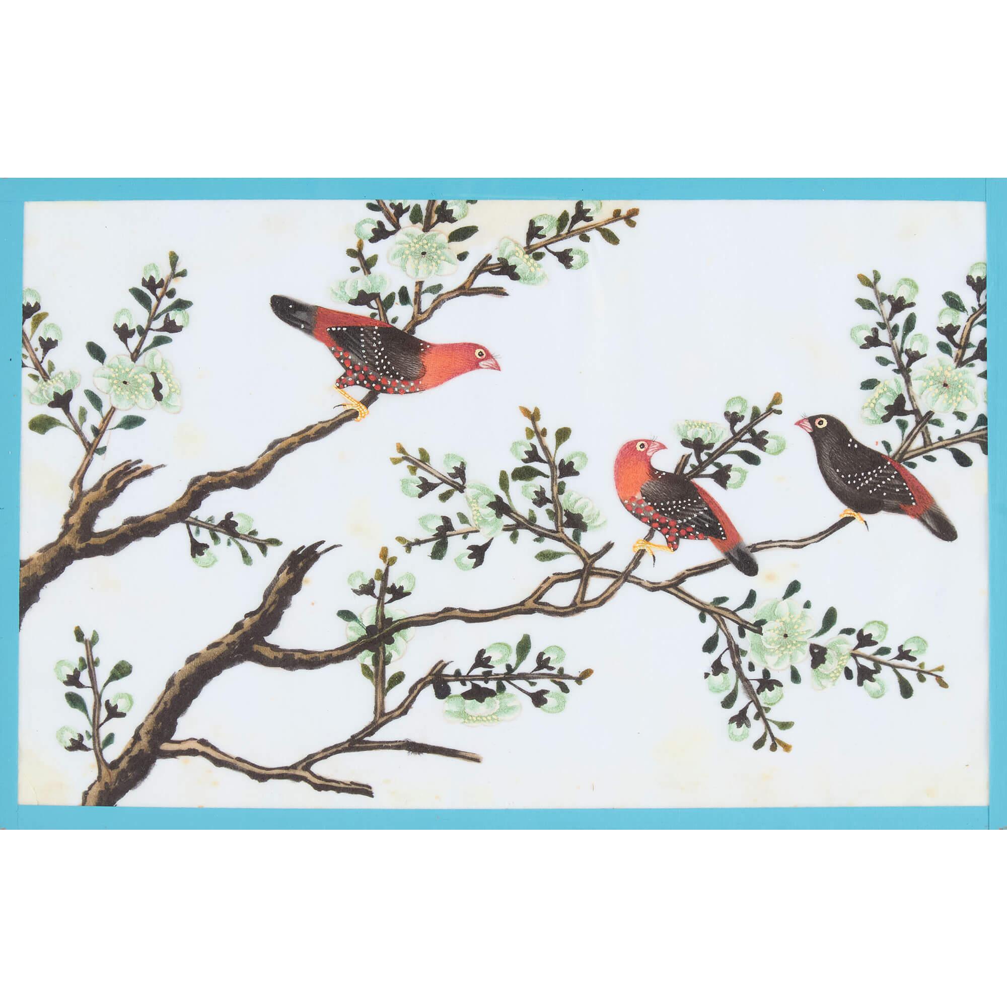 Sechs antike Pith Reispapier Chinesisch Aquarell Gemälde Vögel (Braun), Animal Painting, von Unknown