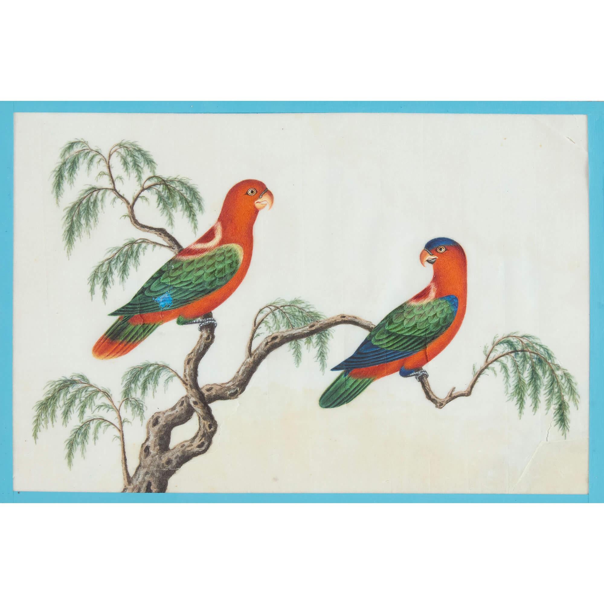Sechs antike Pith Reispapier Chinesisch Aquarell Gemälde Vögel im Angebot 2