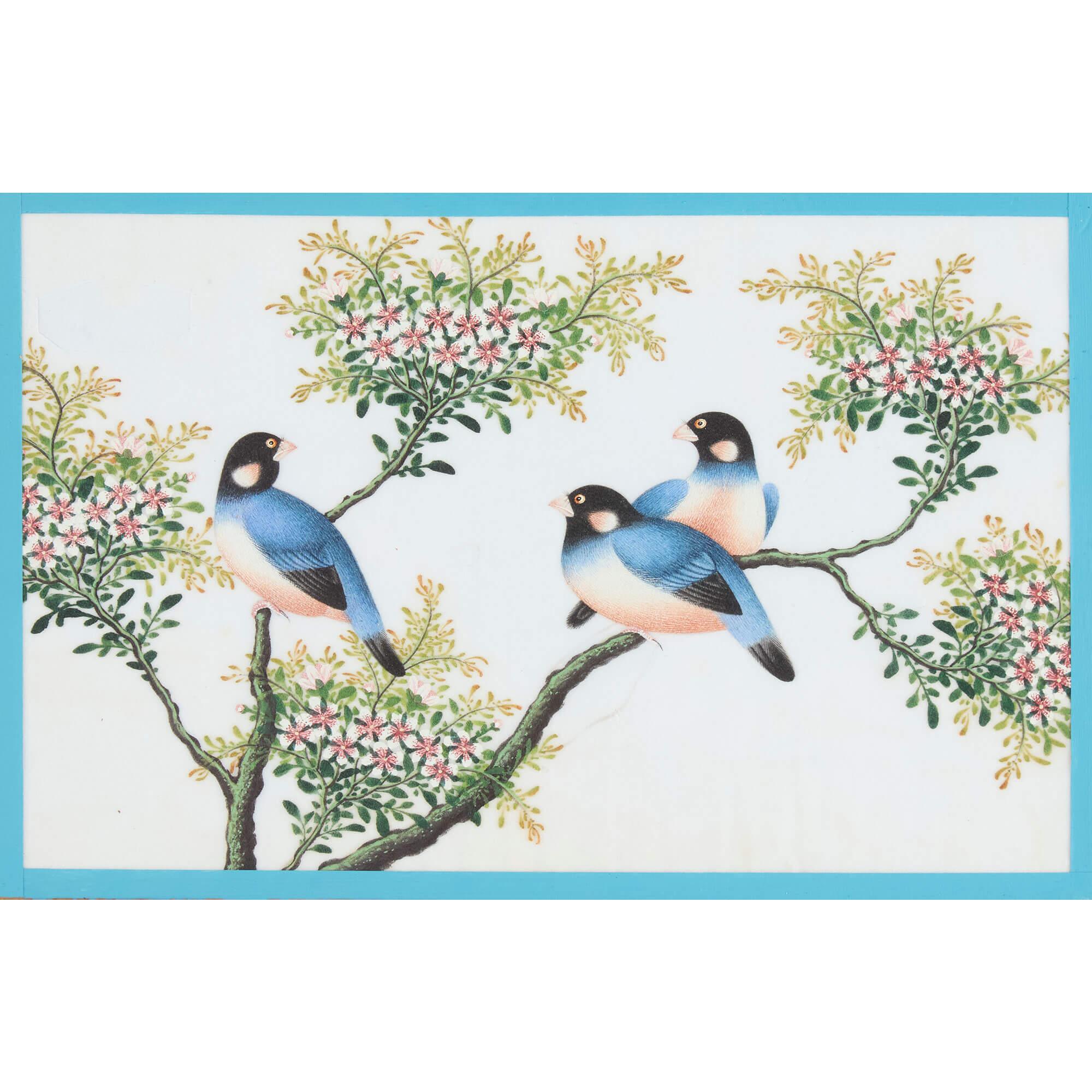 Sechs antike Pith Reispapier Chinesisch Aquarell Gemälde Vögel im Angebot 3