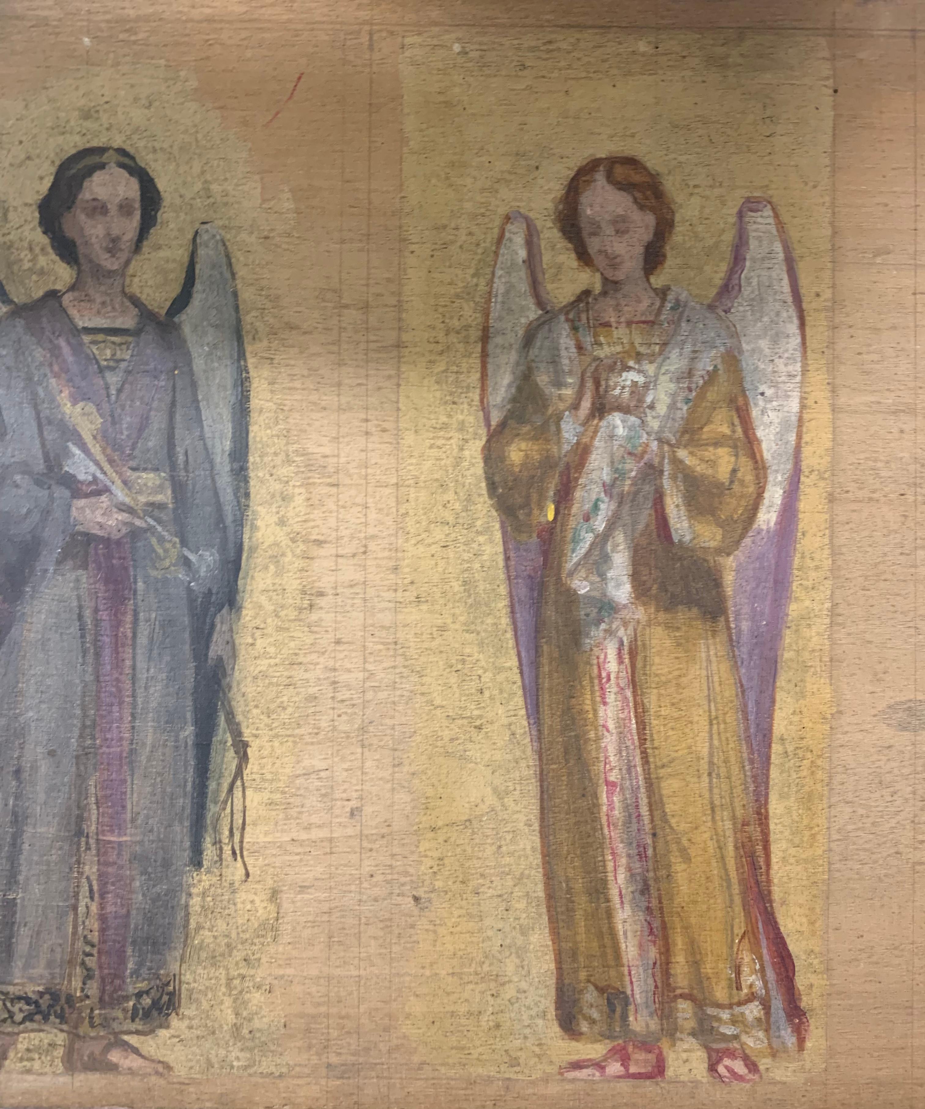 Sketch for frescoes with angels, on both sides of the panel. Late 19th century  - Pre-Raphaelite Painting by Unknown